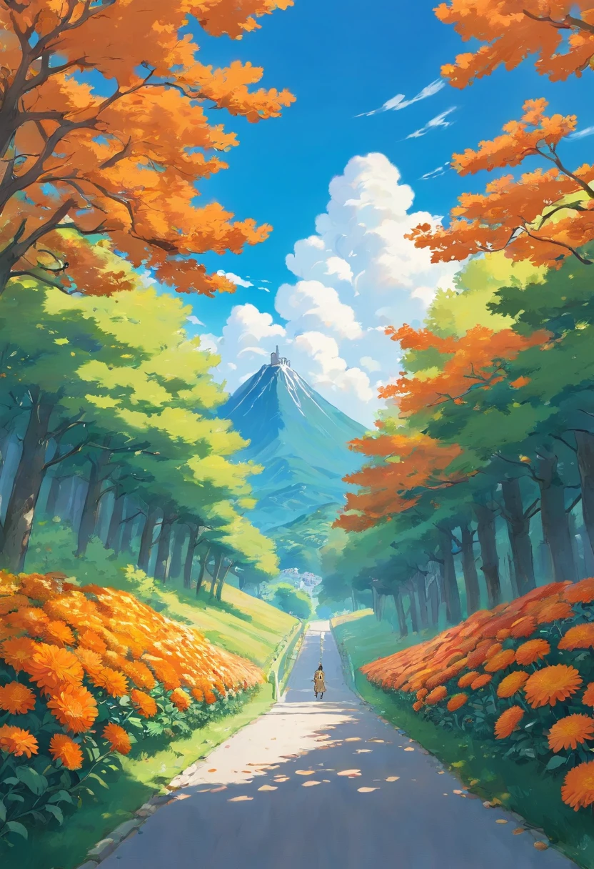 with blue sky and white clouds，Endless mountain roads，No Man，Orange chrysanthemum，Chrysanthemum in the foreground，the trees，Look up at the perspective