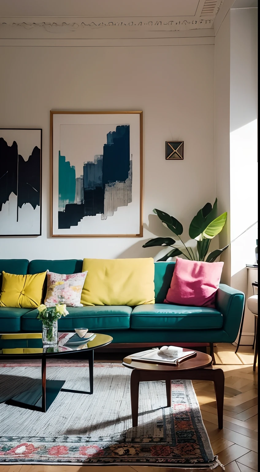 tmasterpiece,best qualtiy,((best qualtiy)),(tmasterpiece),(realisticlying)(Bright colors:1.2),symetrical composition,No Man,Nordic decorative living room,sofe,tea table,janelas,a plant,carpets,tvp,Fundo sala de estar