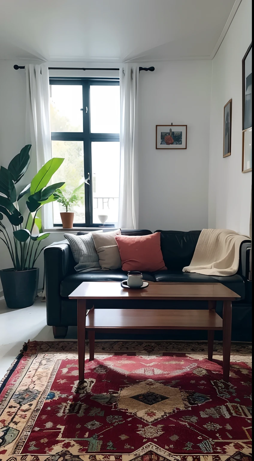 tmasterpiece，best qualtiy，（（best qualtiy）），（tmasterpiece），（realisticlying）（Bright colors：1.2），symetrical composition,No Man，Nordic decorative living room，sofe，tea table，janelas，a plant，carpets，tvp，Fundo sala de estar
