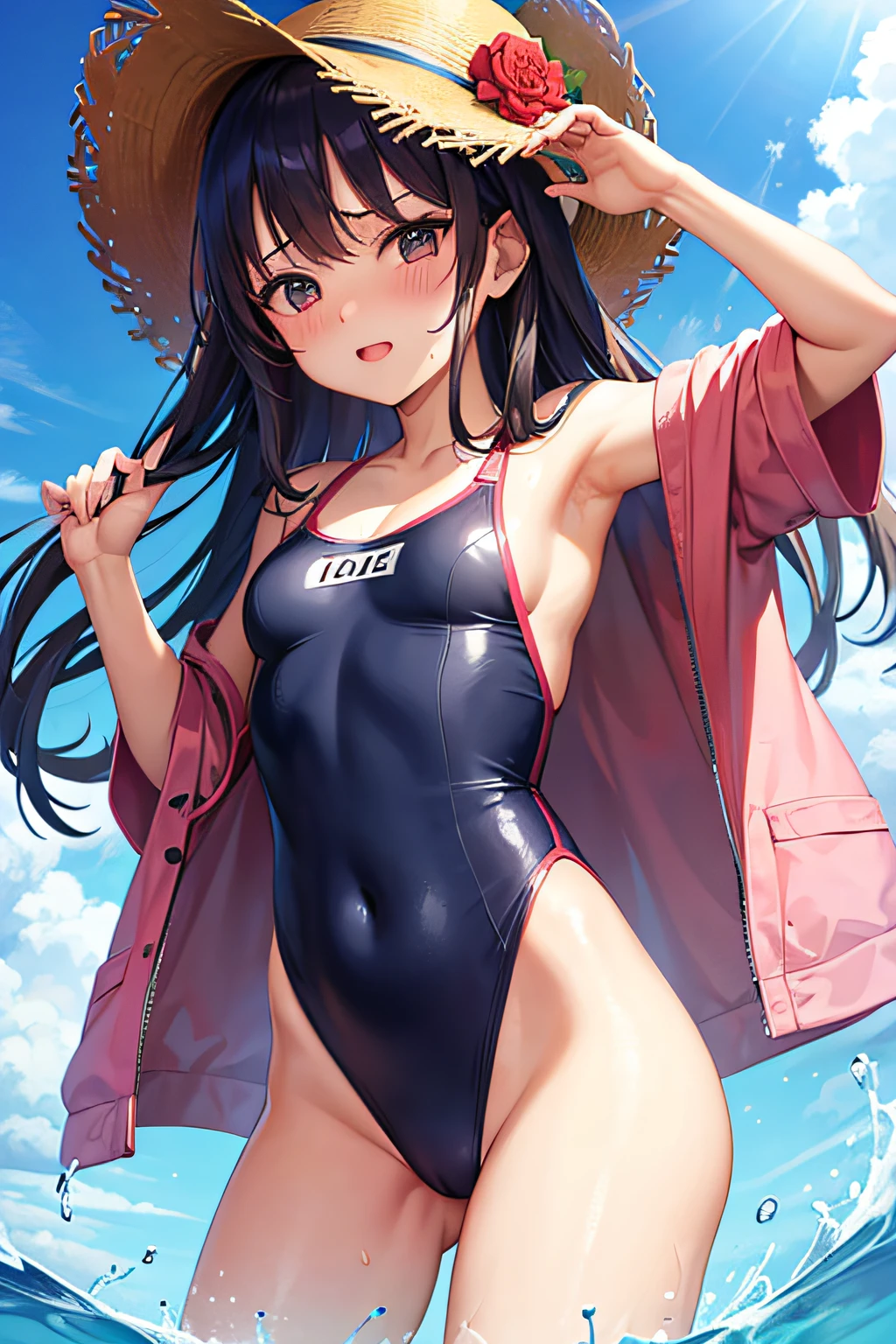 １garl、onepiece swimsuit、small tits、red blush