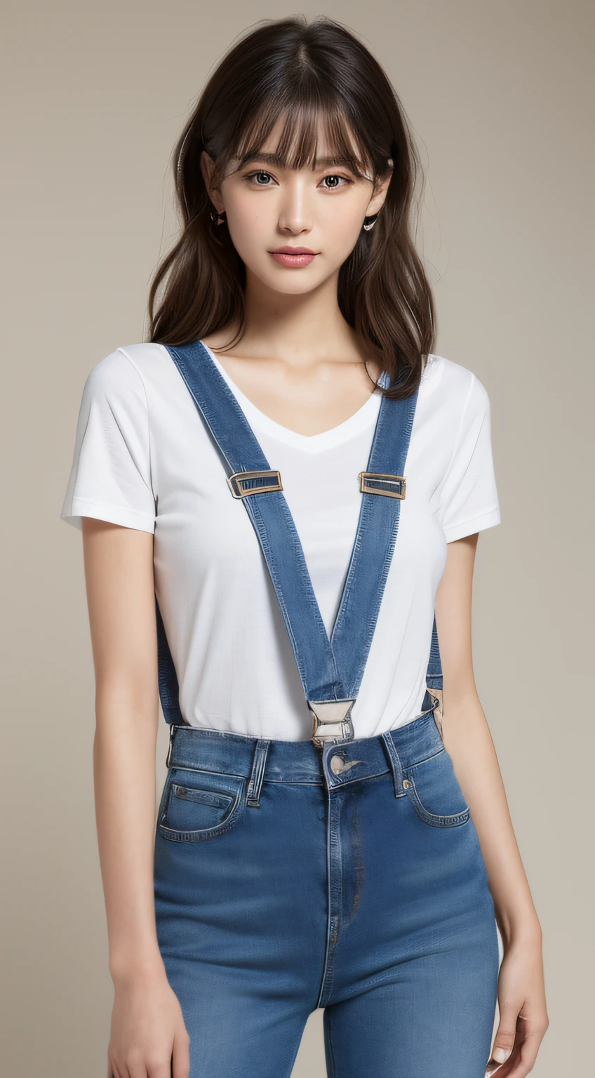 (( Need, 8K, tmasterpiece:1.3)), full bodyesbian, Long legs, Focalors:1.2, perfect figure beautiful woman:1.4, Slim abs:1.1, ((Dark brown hair, huge tit:1.2 )), (white tight t-shirt, Denim suspenders, standing on your feet:1.2), ((城市 :1.3)), Highly detailed facial and skin texture, A detailed eye, 二重まぶた