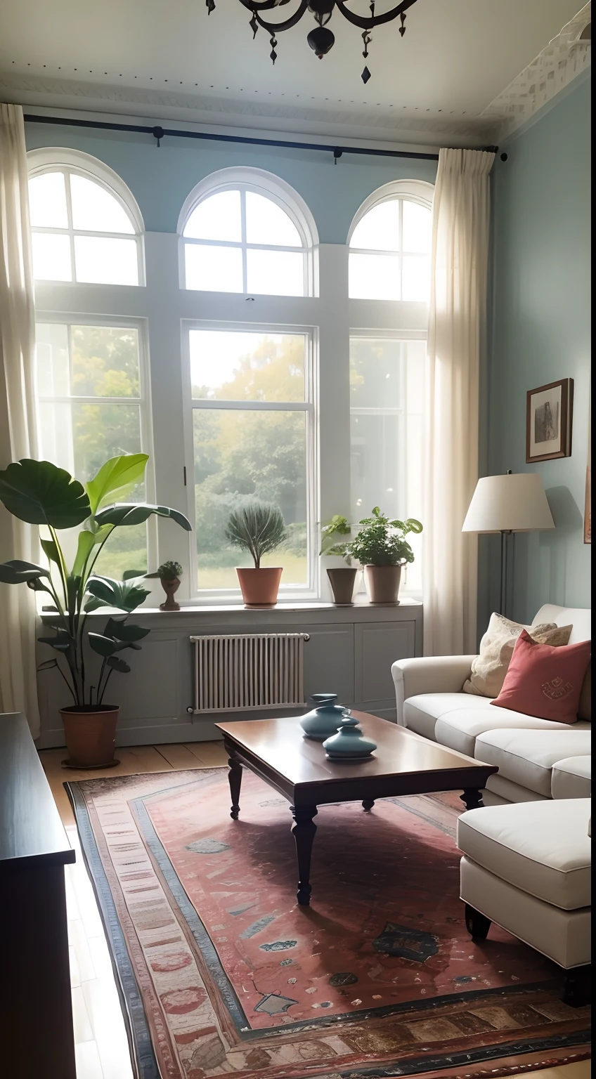 tmasterpiece，best qualtiy，（（best qualtiy）），（tmasterpiece），（realisticlying）（Bright colors：1.2），symetrical composition,No Man，Nordic decorative living room，sofe，Tea table，janelas，A plant，carpets，tvp，Fundo sala de estar