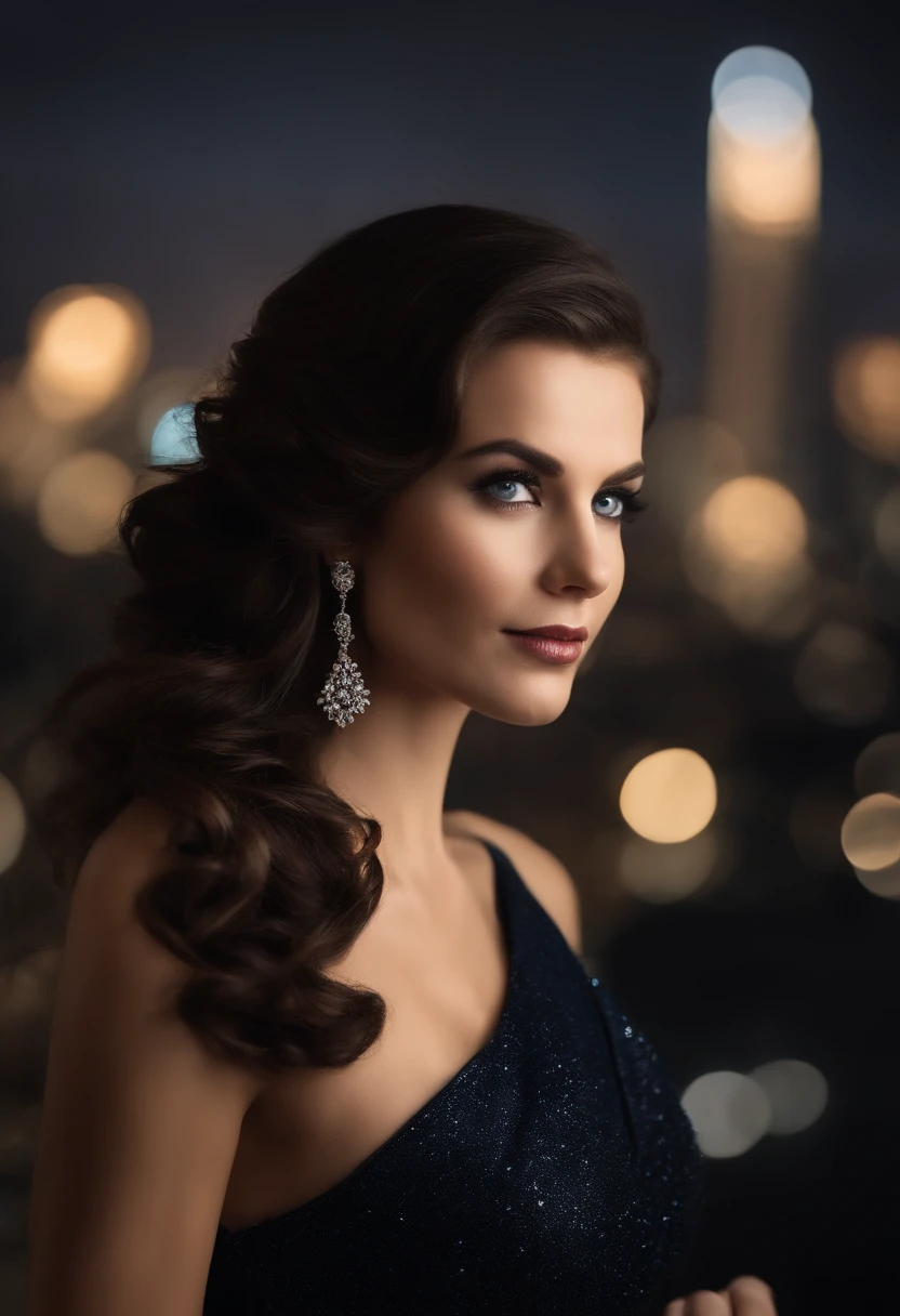 A striking portrait of a confident, young woman in a sleek black evening gown. Her rich chocolate-brown hair cascades down her back, while her piercing blue eyes captivate the viewer. The scene is set against a backdrop of a glamorous city skyline at twilight, with twinkling lights adding a touch of sophistication. The focus is on her flawless complexion and intense gaze, capturing the essence of elegance and allure.