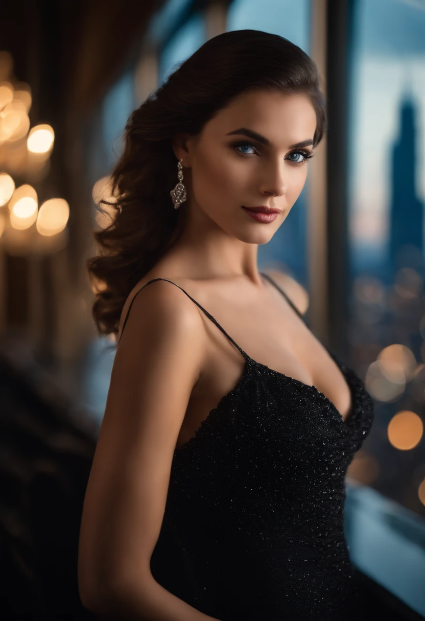 A striking portrait of a confident, young woman in a sleek black evening gown. Her rich chocolate-brown hair cascades down her back, while her piercing blue eyes captivate the viewer. The scene is set against a backdrop of a glamorous city skyline at twilight, with twinkling lights adding a touch of sophistication. The focus is on her flawless complexion and intense gaze, capturing the essence of elegance and allure.
