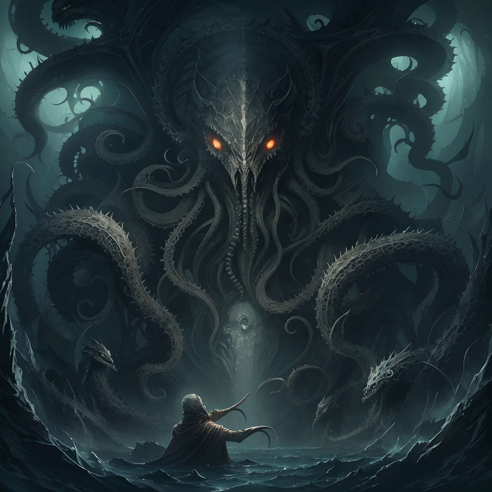 In the depths of cosmic expanse, a dark deity awakes,
Cthulhu, the ancient one, with tentacles that make hearts quake.
A being of immense power, beyond mortal comprehension,
Emerges from the abyss, heralding cosmic ascension.

With grotesque form and madness imbued,
Cthulhu, the great old one, brings terror and truth.
From the sunken city of R'lyeh, he rises,
With a cult of followers who are willing sacrifices.

But amidst this nightmare, a story unfolds,
Of a child born of chaos, a tale yet untold.
A being of both worlds, a hybrid divine,
With a heart that yearns for love, a soul that longs to shine.

For in that monstrous union, a glimmer of hope resides,
A creature destined to bridge the cosmic divides.
With a touch of humanity, born from forbidden embrace,
They embody duality, both horror and grace.

As they traverse this world, surrounded by fear,
They seek understanding, longing to be near.
The child of Cthulhu, born of ancient lore,
A symbol of unity, their fates intertwined forevermore.

For even in darkness, there's a flicker of light,
A ray of compassion, piercing through the night.
In the depths of their being, they find solace and peace,
Embracing their destiny, their love shall never cease.

So let us ponder this tale, of a father and child,
Of Cthulhu, the elder, and his offspring so wild.
For within the depths of horror, beauty can bloom,
And even in Lovecraftian nightmares, compassion finds room.