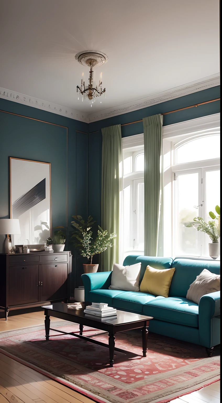tmasterpiece,best qualtiy,((best qualtiy)),(tmasterpiece),(realisticlying)(Bright colors:1.2),symetrical composition,Bright tones,No Man,Nordic decorative living room,sofe,Tea table,janelas,A plant,carpets,tvp,Fundo sala de estar