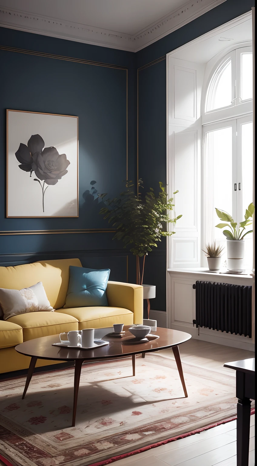 tmasterpiece,best qualtiy,((best qualtiy)),(tmasterpiece),(realisticlying)(Bright colors:1.2),symetrical composition,Bright tones,No Man,Nordic decorative living room,sofe,Tea table,janelas,A plant,carpets,tvp,Fundo sala de estar