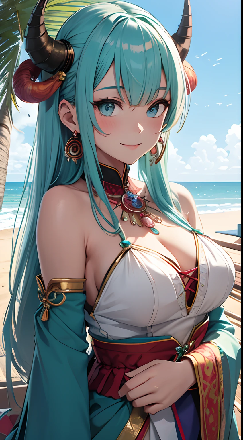 masutepiece, ((Ultra detailed backgrounds, Delicate pattern, Complex high detail)), (ighly detailed, finedetail), Best Quality,Beautiful lighting, (((medium breasts, lean girl, Very thin girl))), (cowboy shot), YamatoV2, The long-haired, 1girll, banya, whaite hair, yui, lor, red horns, Spiral horn, hair adornments, (multicolored horns), jewely, earrings, komono, Komono, hair stick, Sleeveless, Bare shoulders, aqua hair, side locks, hoop earings, Hakama, ssmile, Hefty Smile, beach side,Mare,The tree々、barechested