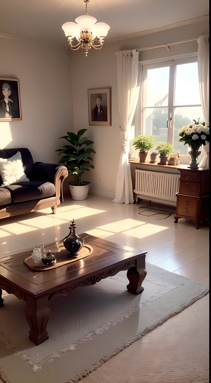 tmasterpiece,best qualtiy,((best qualtiy)),(tmasterpiece),(realisticlying)(Bright colors:1.2),symetrical composition,Bright tones,No Man,Nordic decorative living room,sofe,Tea table,janelas,A plant,carpets,tvp,Fundo sala de estar
