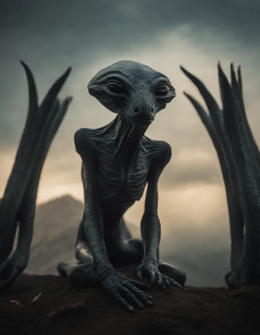horror film, night、Alien sitting on a bench