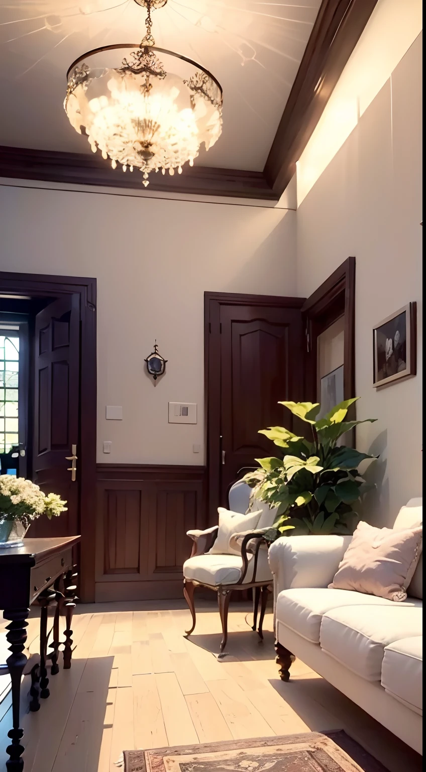tmasterpiece，best qualtiy，（（best qualtiy）），（tmasterpiece），（realisticlying）（Bright colors：1.2），symetrical composition,Bright tones，No Man，Nordic decorative living room，sofe，Tea table，janelas，A plant，carpets，tvp，Fundo sala de estar