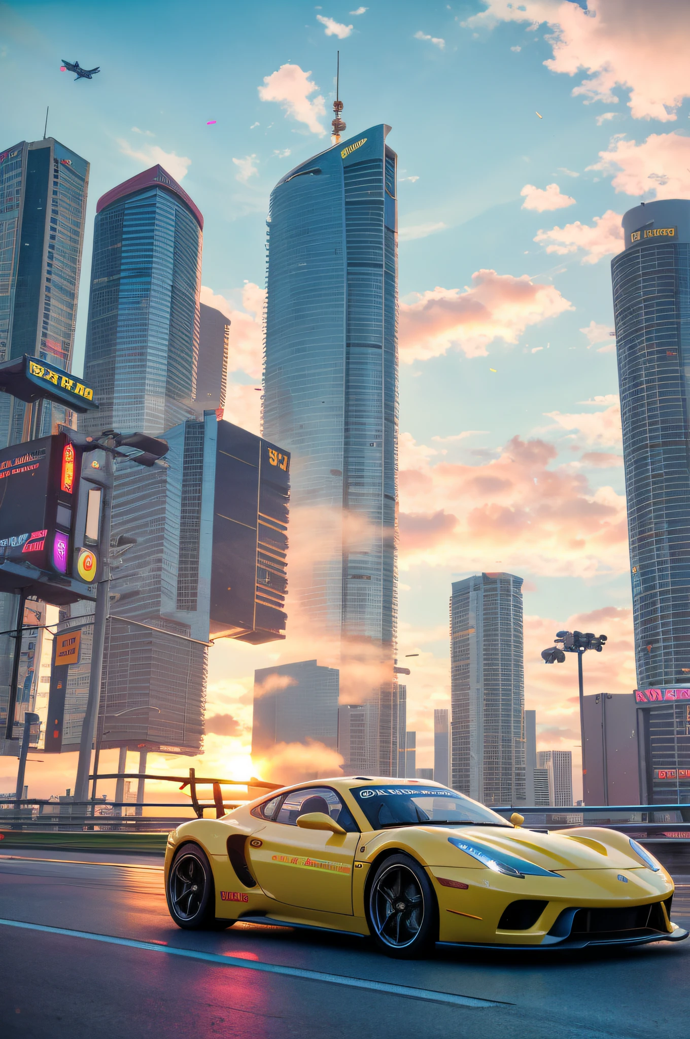 bright sunny day beautiful cloudy sky sunset sports car racing down cyberpunk Miami city streets neon signs and crowds confetti debris dust wind volumetric fog exciting epic action camera, (masterpiece:1.2) (photorealistic:1.2) (bokeh) (best quality) (detailed skin) (intricate) (8k) (HDR) (cinematic lighting) (sharp focus)
