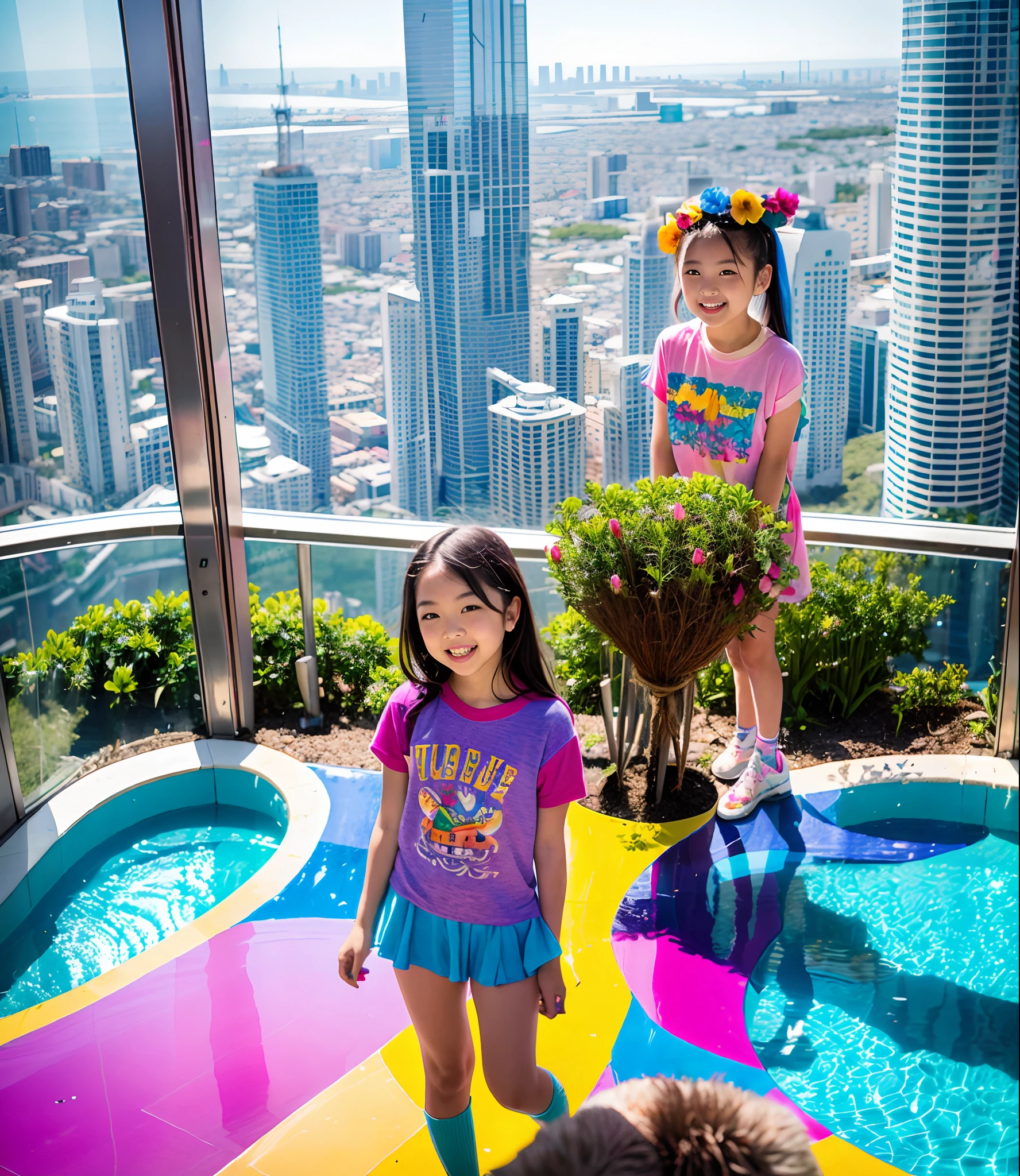 180th floor infinity pool,The tallest building in the urban forest,Around bonsai,Luo Han Song,coconut palms,tulips,Rose flower,Tease alpacas to play,There were five little girls wearing openwork translucent stockings,Pouting and smiling,is shy,Pinch your colorful hair, vivid vivid colors, multicolored clothing, Cut a tattered T-shirt, vibrant color details, Vibrant and dynamic, bright vibrant colors, multicolored clothing, rich and vivid colors, vivid vivid colors, Vivid and vibrant colors, vibrant tones, colorful outfit, colorful fashion, vivd colour, vivid and vibrant