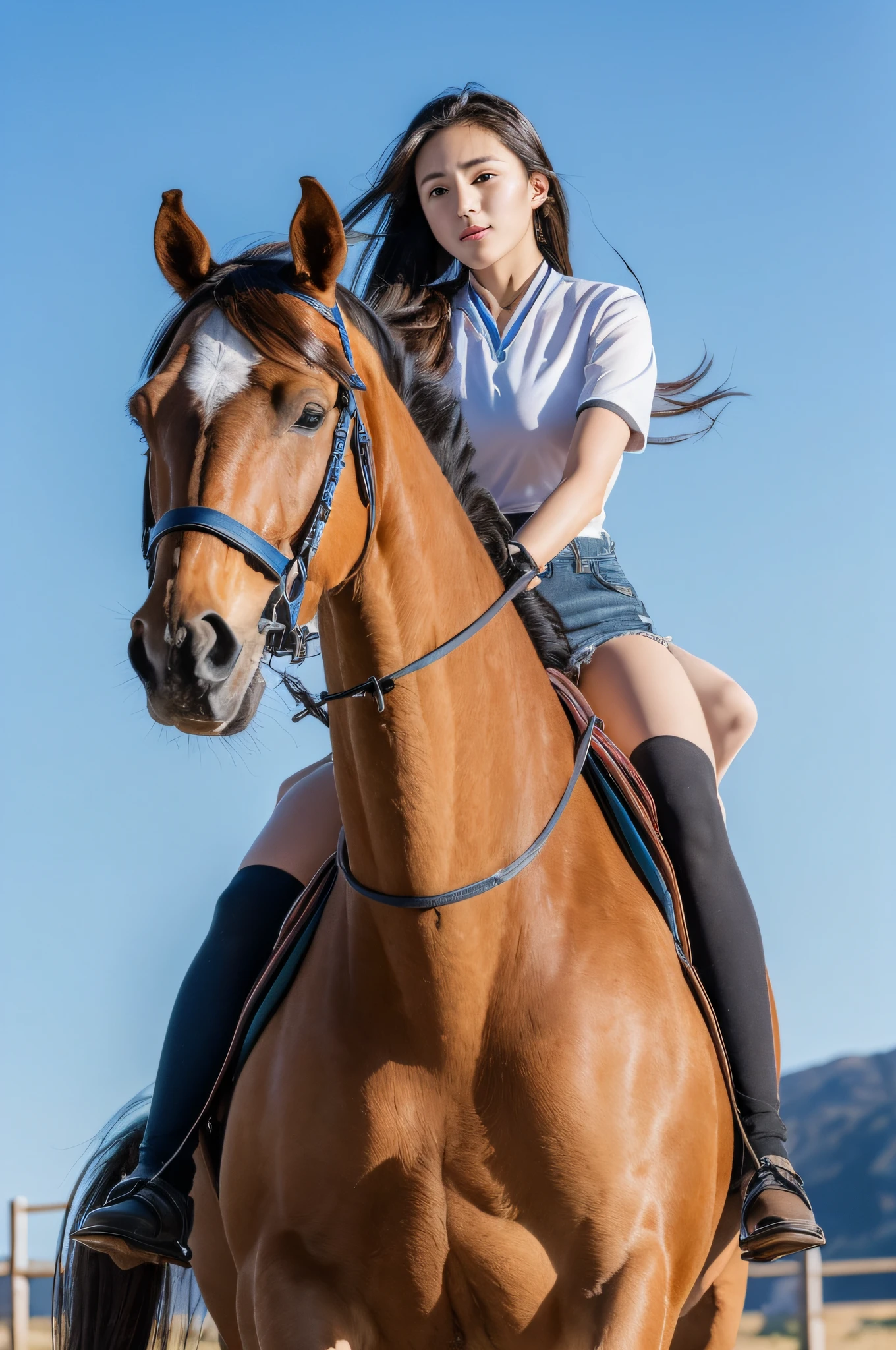 1girl in,((Best Quality, 8K, masutepiece :1.3)),Full body,Ultra-detailed face, Detailed eyes, dual、Photo of a girl riding a horse、Women in Their 20s、plateau、mont、blue-sky、ride horse、Saddle、One horse