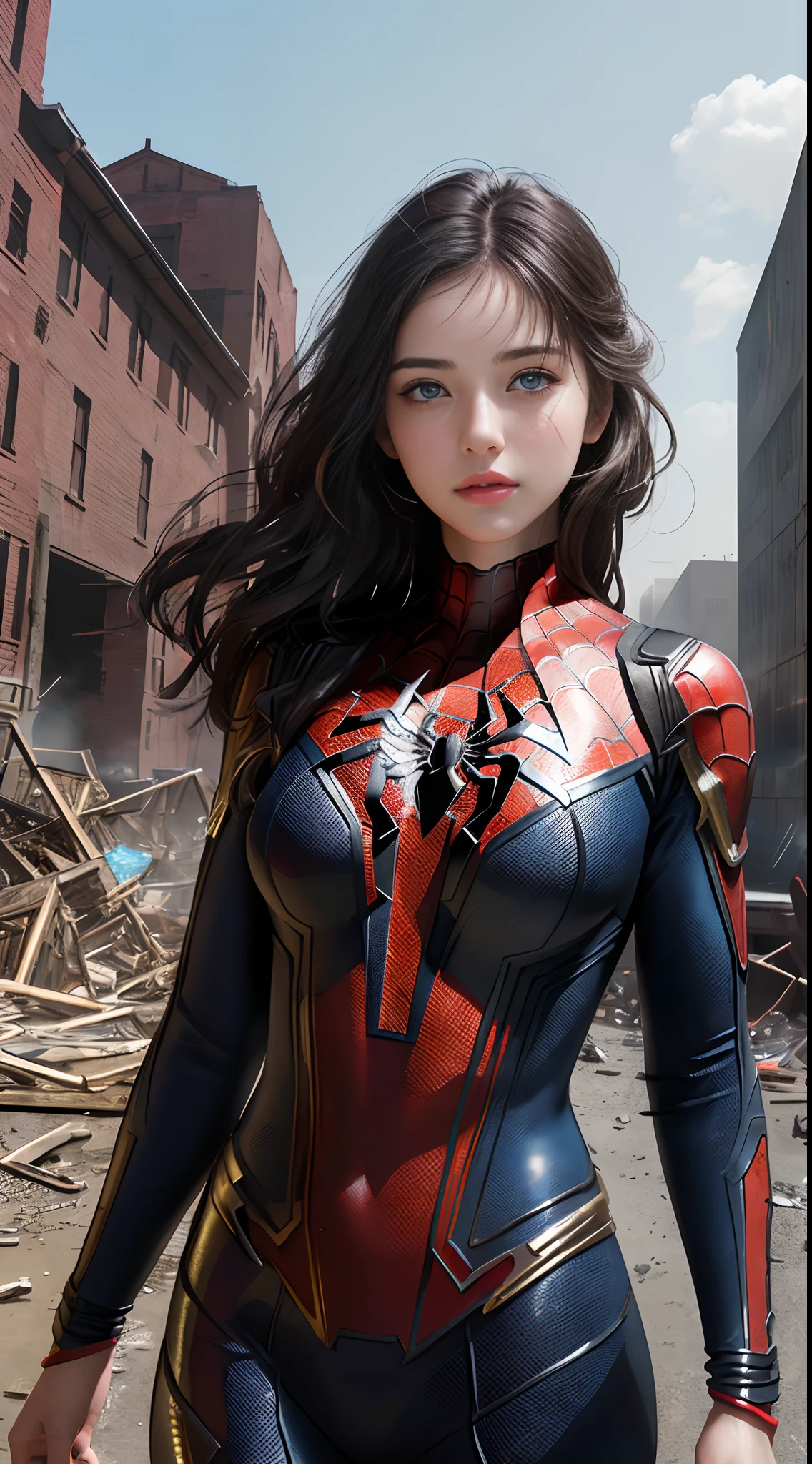 (1girl:1.3), solo, (((extremely detailed face))),(((extremely detailed eyes and face))),beautiful detailed eyes,body-parts__, official art, unified 8k wallpaper, super detailed, beautiful and aesthetic, beautiful, masterpiece, best quality, raw, masterpiece, super fine photo, best quality, super high resolution, photorealistic realism, sunlight, full body portrait, amazing beauty,, dynamic pose, delicate face, vibrant eyes, (from the front), she is wearing a Spider-man suit, red and black color scheme, spider, very detailed abandoned warehouse background, Detailed face, detailed complex busy background, messy, gorgeous, milky white, highly detailed skin, realistic skin details, visible pores, sharp focus, volumetric fog, 8k uhd, DSLR, high quality, film grain, fair skin, photo realism, lomography, huge metropolis in future dystopia, seen from below, translucent