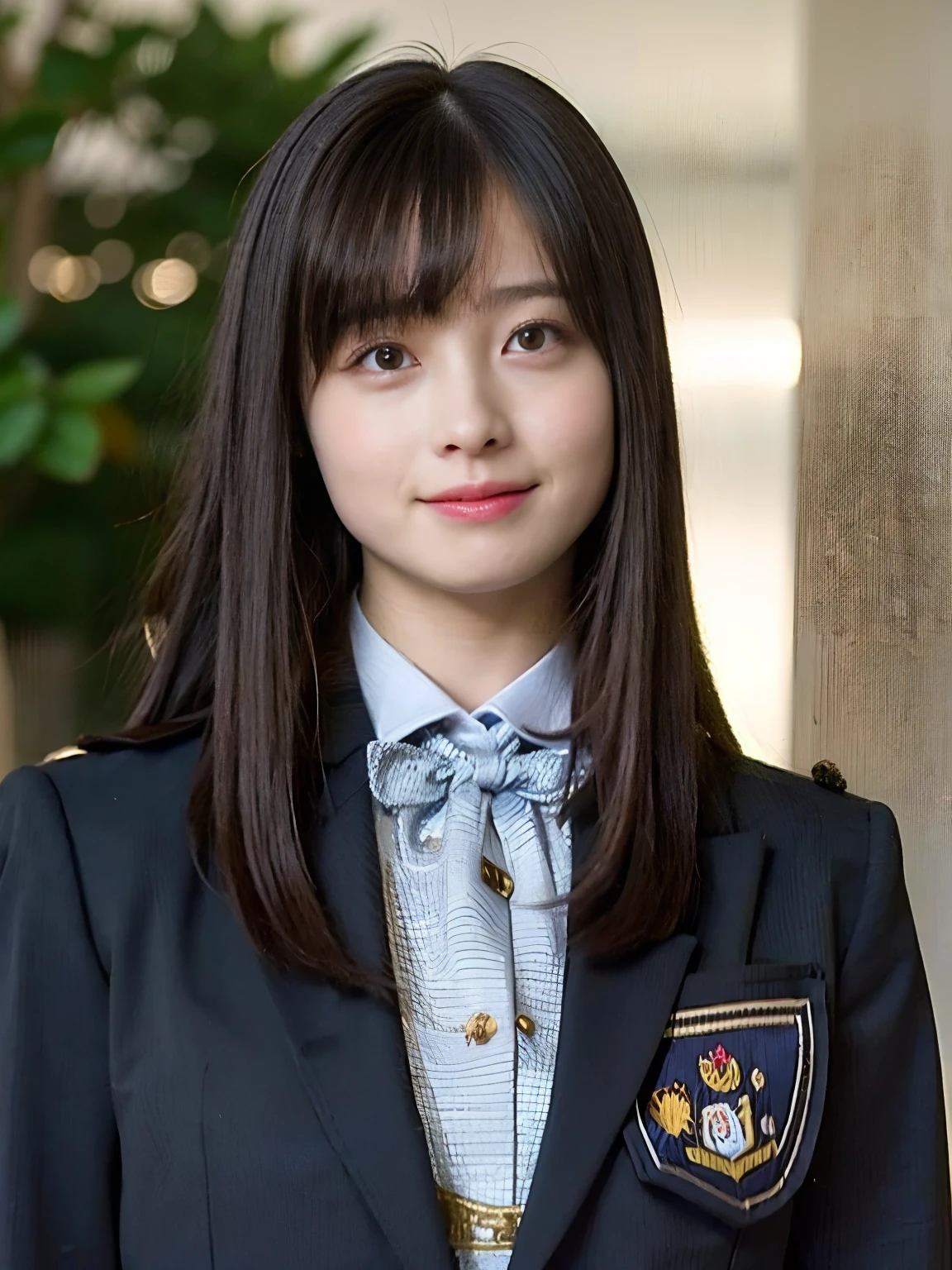 (school uniform:1.5), (Photorealistic:1.4), (Best quality:1.0), (超高分辨率:1.0), 8K, RAW photo, (Masterpiece:0.2), Ultra-detailed, Close short, 1girll, Beautiful skin, Detailed skin, view the viewer, full bodyesbian, (Long hair:1), Smile, (Closed mouth:1)