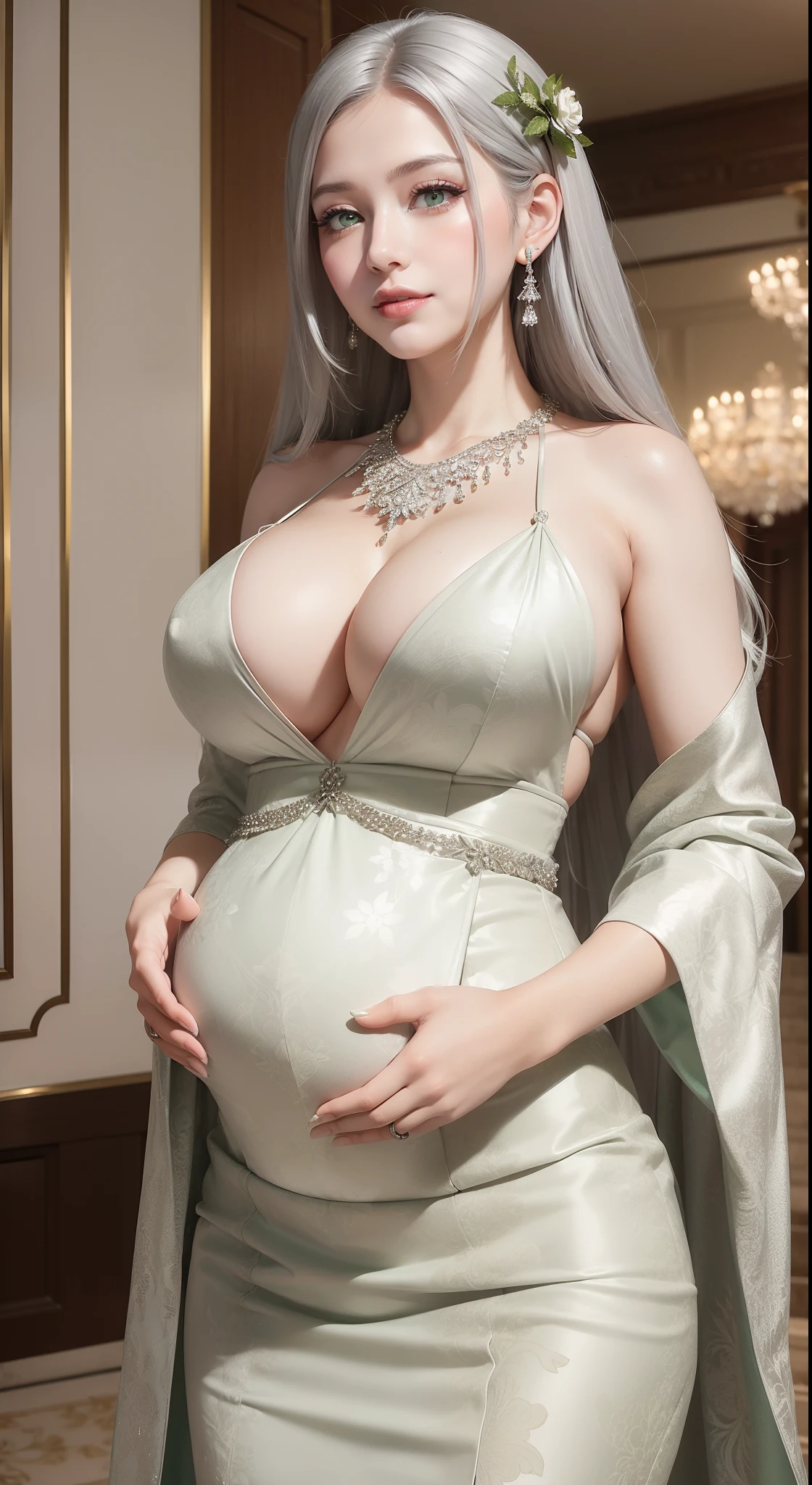 Female((30year old)), hair((straight, silver)), eyes((smart eyes, green eyes contact)), clothes(brocade, long dress, floral pattern, white)), accessories ((diamond necklace)), big boobs, gigantic breast, korean make-up look, smile expression, pregnant, hall, ballroom,