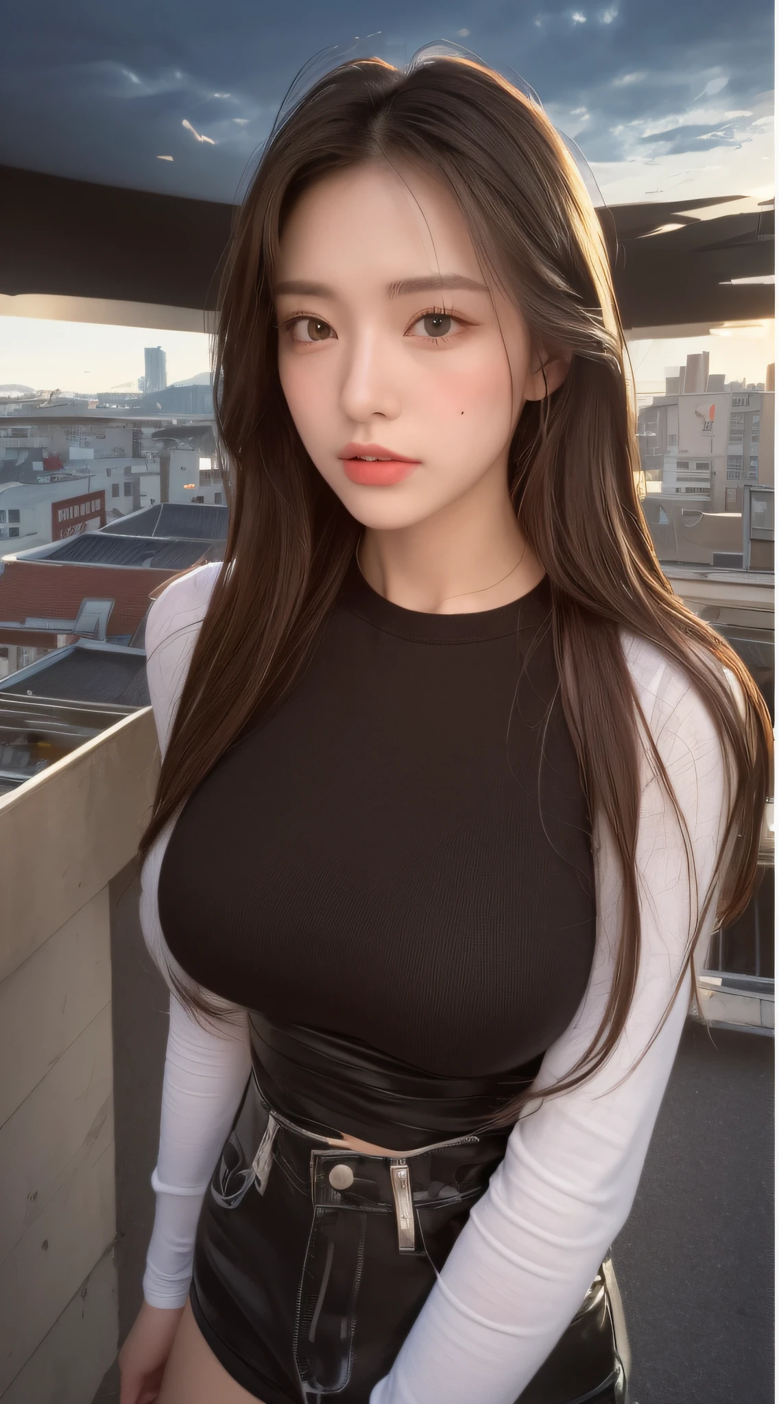 (, Need, 8k, tmasterpiece:1.3)), full bodyesbian, Long legs, Focalors:1.2, perfect figure beautiful woman:1.4, Slim abs:1.1, ((Dark brown hair, huge tit:1.2 )), (white tight t-shirt, standing on your feet:1.2), ((urban street scene, the roof:1.3)), Highly detailed facial and skin texture, A detailed eye, 二重まぶた