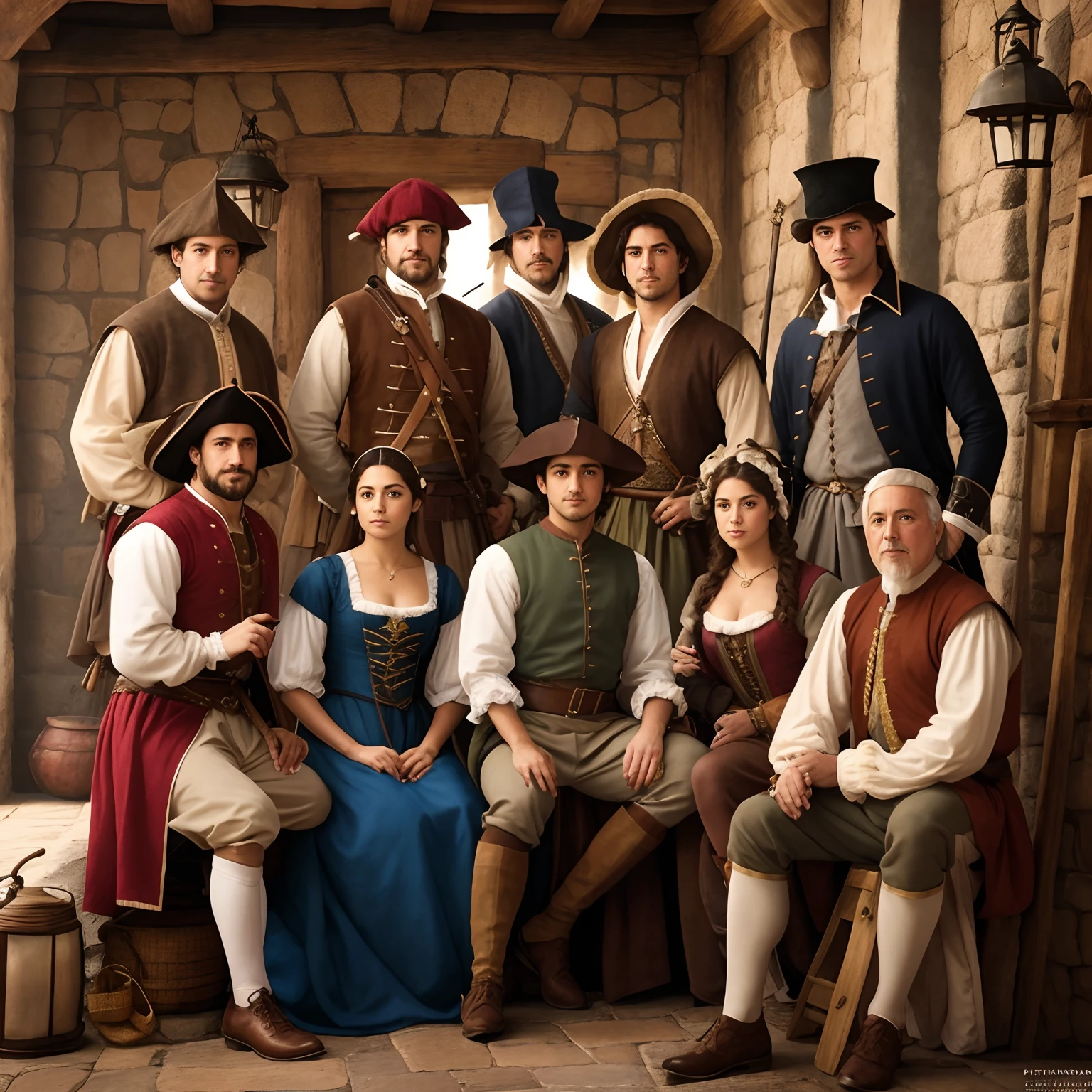 There are many people dressed in period costumes posing for a photo, Pintura digital renacentista, Todos los miembros del reparto, official illustration, Vestido con ropas medievales, Disney Renaissance Movie, Arte promocional, fantasy characture portrait, inspirado por los hermanos Hildebrandt, inspirado por los hermanos Hildebrandt, Imagen promocional, Arte Oficial, Official impression, full resolution, foto fija, medieval fantasy