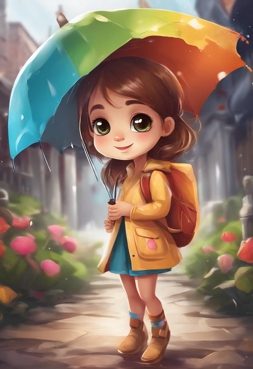 vectorial art, Color graffiti illustration, Cute and cheerful little girl with umbrella, are in the center, Bright colors, Paint splashes and stains, Adobe illustrator, High detail, white backgrounid,VR eyes,Vertical banner,painting of a,UAVs,Anime style,camera