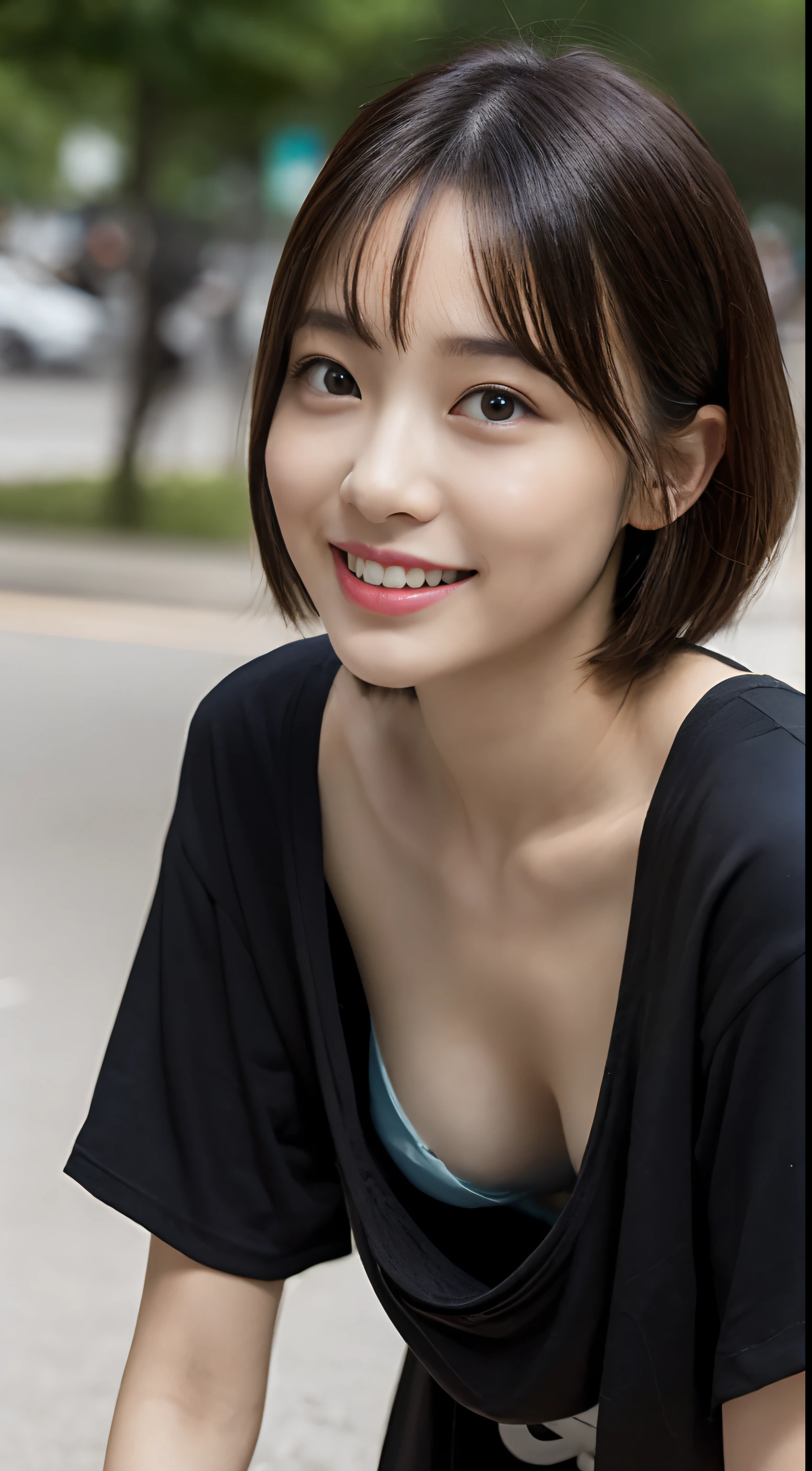 downblouse、(leaning-forward:1.3)、(oversize tshirt、Loose-fitting t-shirt、Low Cut T-Shirt:1.2)、(top-quality、8K、32K、masterpiece)、(Detailed bra)、japanes、28 year old、Very pretty girl、a beauty girl、crouching down、Bright smile、outside of house、shinny skin、blurry backround、short-cut、Upper body close-up、Shot from above