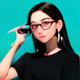 there is a woman with glasses and a black shirt posing for a picture, wavy long black hair and glasses, 18 years old, she is about 1 6 years old, 1 6 years old, selfie of a young woman, alanis guillen, inspired by Izzy Medrano, mia khalifa, low quality video, she wears harry potter glasses