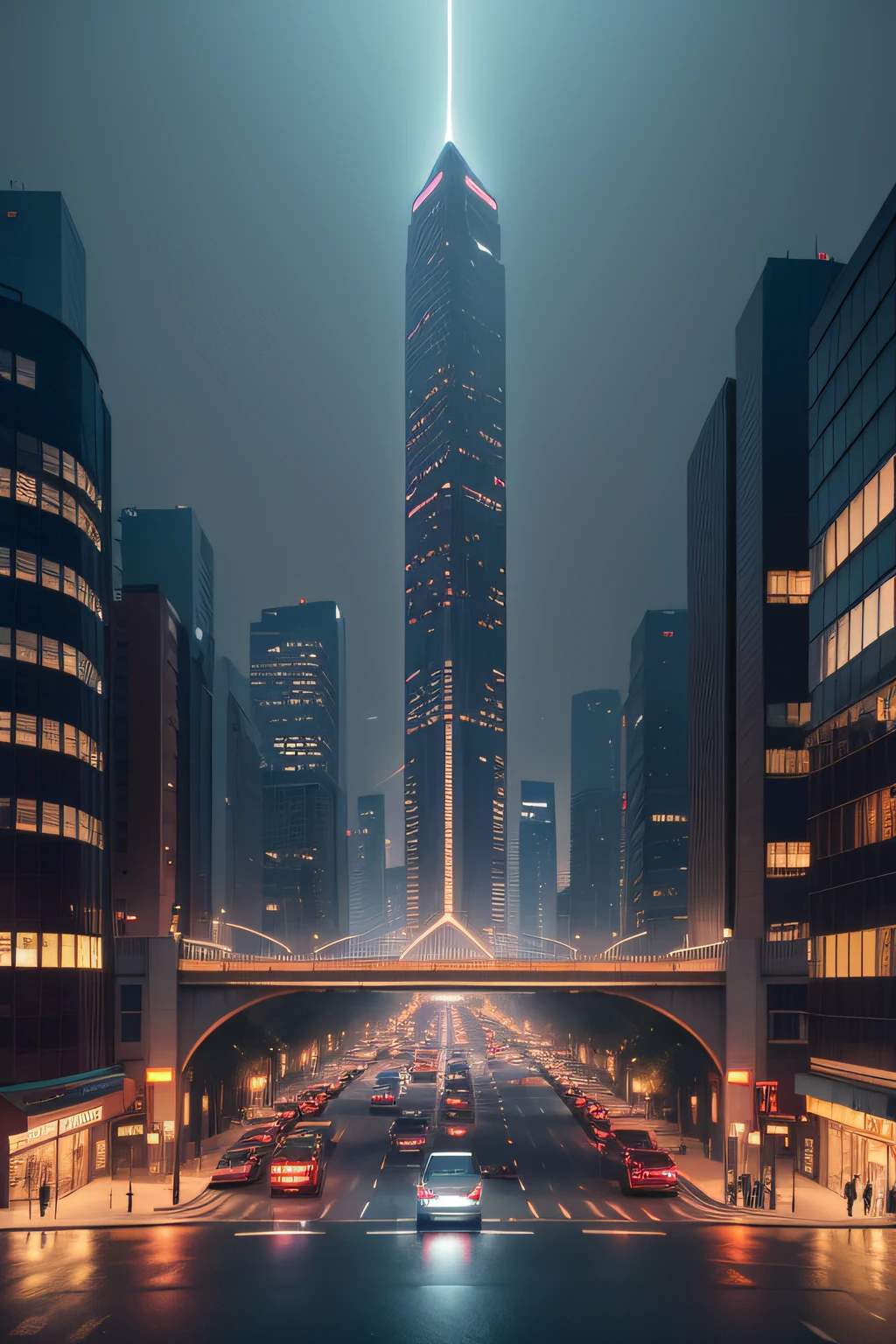 (Bustling streets at night),(Soaring high-rise buildings),(A pedestrian bridge across the scene),(Illuminated street lamps illuminate the surroundings),(The moonlit sky casts a soft glow),(People walk along the sidewalk),(Flashing neon signs in the distance),(The reflection of city lights on wet pavement),(Hazy figures in dim alleys),(A sense of mystery and intrigue),(Vibrant cityscape and vibrant atmosphere),(Aerial view showing the beauty of the city),(Minimalist architectural design),(A fusion of modern and classical elements),(The glass curtain wall reflects the energy of the city),(A fascinating blend of colors and lights),(The air is filled with the hum of traffic),(A hint of mist adds a touch of ethereal),(Impressive scale and grandeur),(Movement and energy in every corner),(Symphony of Urban Life)