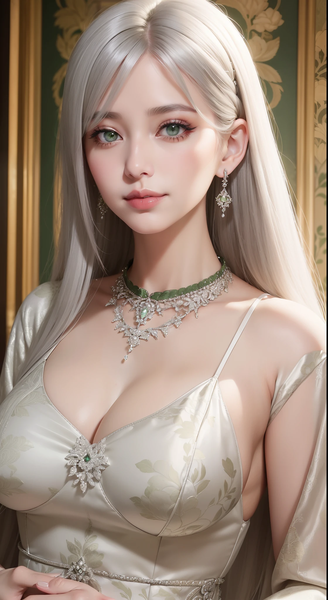 Female((30year old)), hair((straight, silver)), eyes((smart eyes, green eyes contact)), clothes(brocade, long dress, floral pattern, white)), accessories ((diamond necklace)), big boobs, gigantic breast, korean make-up look, smile expression, pregnant, hall, ballroom,
