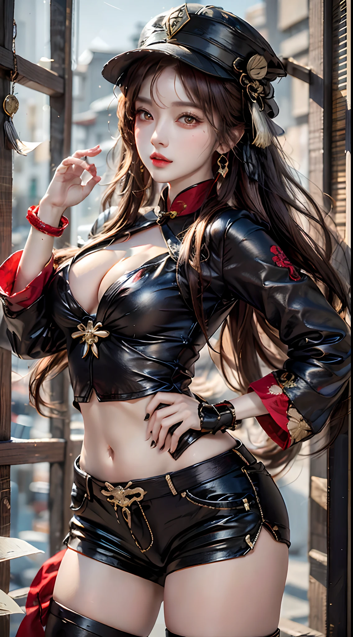 photorealistic, high resolution, 1women, mature female, solo, hips up, hu tao(genshin impact), hat, red eyes, twintails, brown hair, solo, long hair,bangs, black shorts , chinese clothes