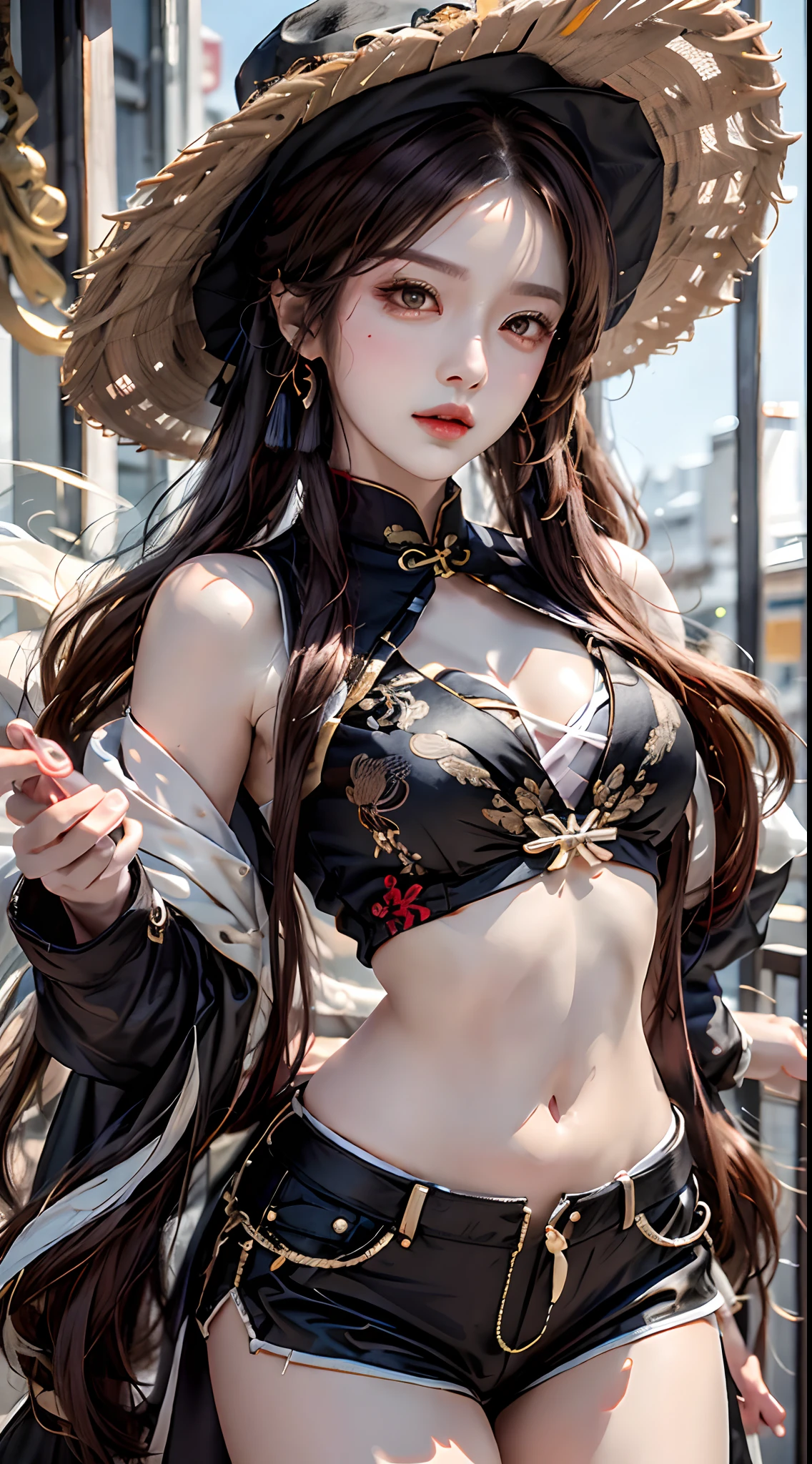 photorealistic, high resolution, 1women, mature female, solo, hips up, hu tao(genshin impact), hat, red eyes, twintails, brown hair, solo, long hair,bangs, black shorts , chinese clothes