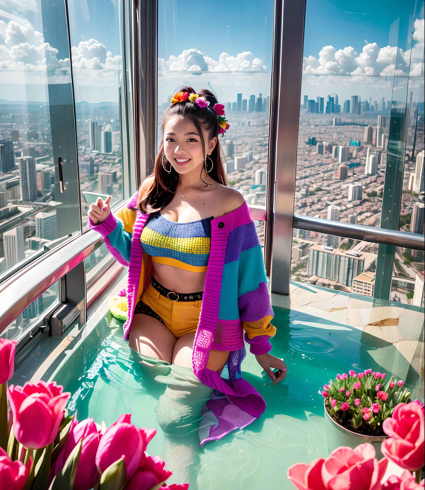 180th floor infinity pool,The tallest building in the urban forest,Around bonsai,Luo Han Song,coconut palms,tulips,Rose flower,Tease alpacas to play,There were five girls wearing openwork translucent stockings,Pouting and smiling,is shy,Pinch your colorful hair, vivid vivid colors, multicolored clothing, Cut a tattered T-shirt, vibrant color details, Vibrant and dynamic, bright vibrant colors, multicolored clothing, rich and vivid colors, vivid vivid colors, Vivid and vibrant colors, vibrant tones, colorful outfit, colorful fashion, vivd colour, vivid and vibrant