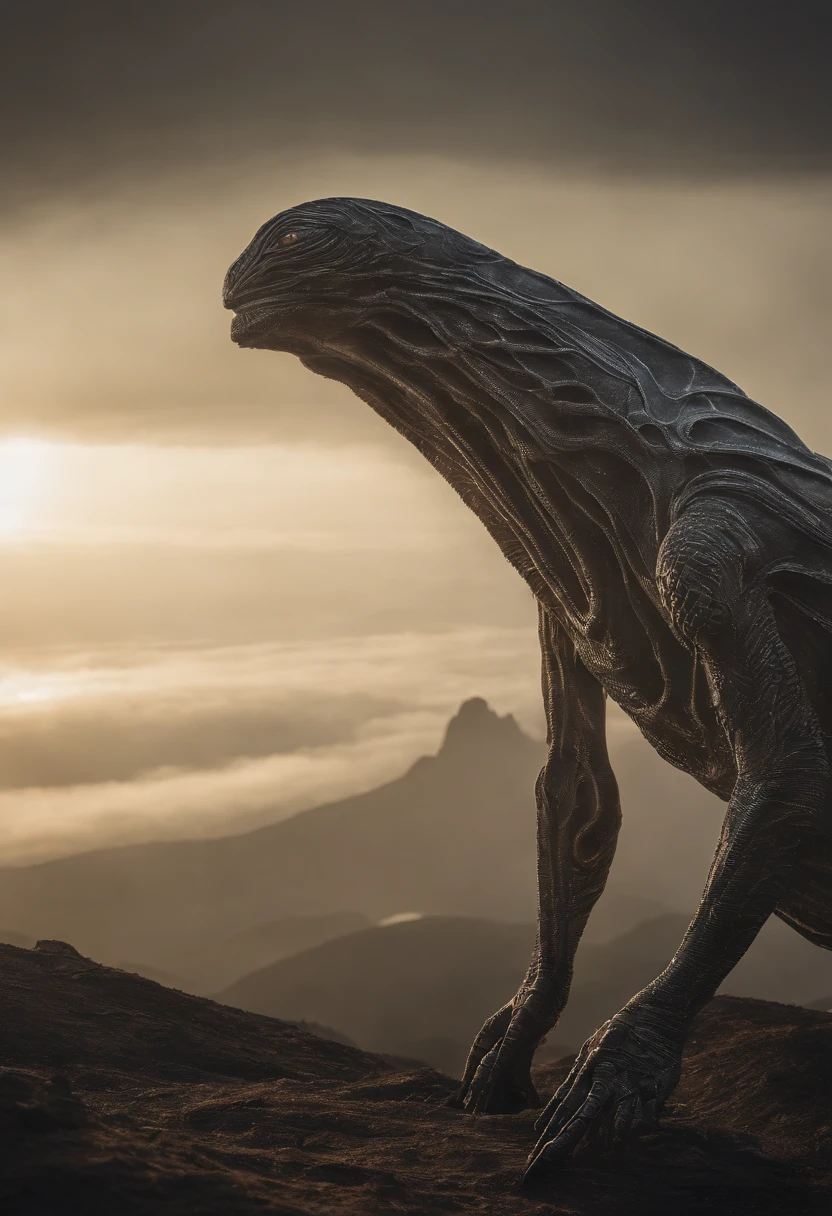 Photography of an ethereal, semi-transparent alien creature from another world. Its body is elongated, adorned with intricate patterns of bioluminescent markings that emit a soft, otherworldly glow. The alien floats gracefully above a mist-covered mountain peak, with the silhouette of distant peaks visible on the horizon. The composition is a wide shot, showcasing the alien's delicate figure against the vastness of the landscape. Soft, diffused lighting bathes the scene, lending it a dreamlike quality. The photographer skillfully captures the mystique and elegance of this enigmatic extraterrestrial being