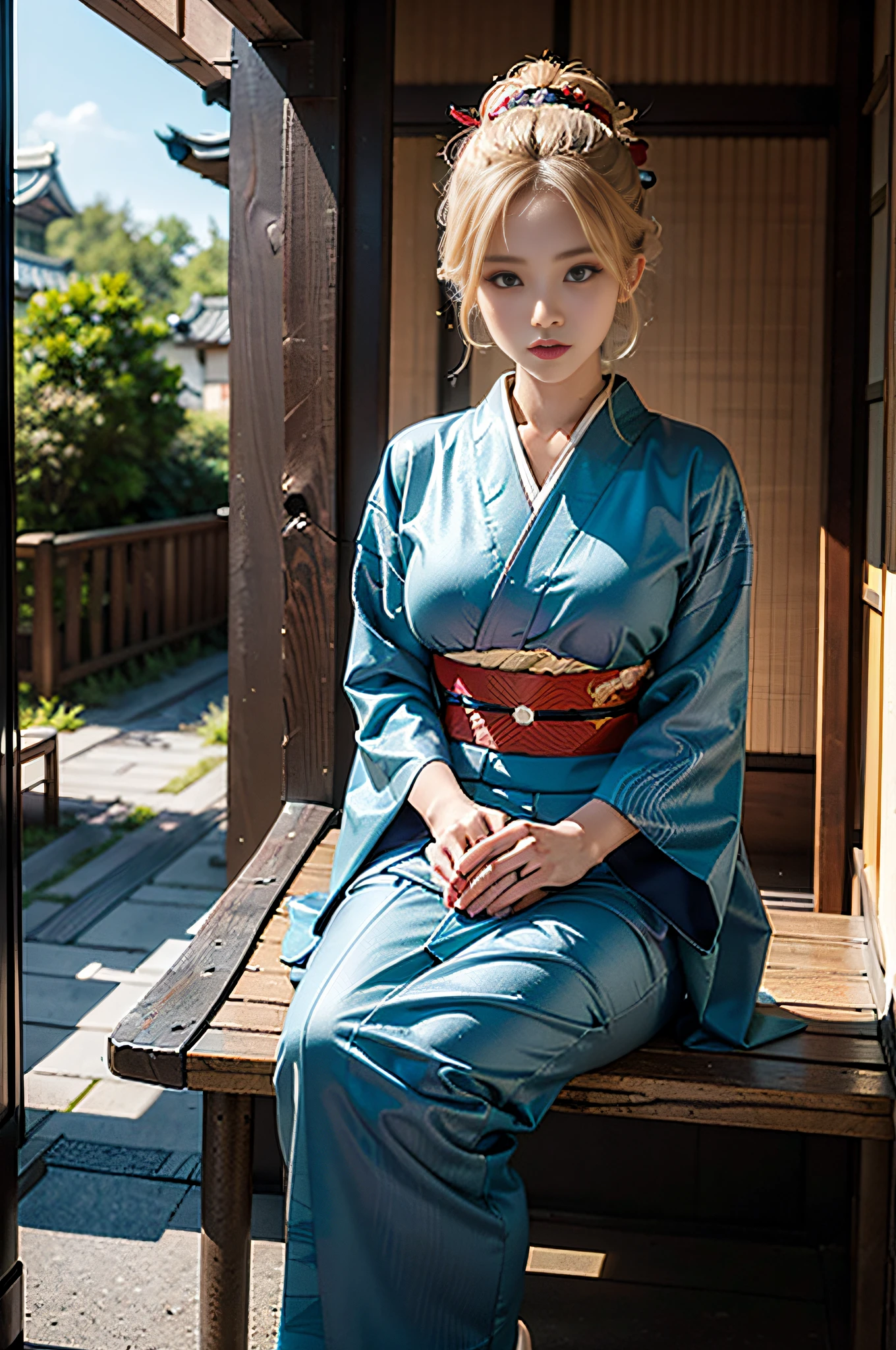 (master piece, of the highest quality, Best Quality, Official art), Woman in Kimono, Beautiful young woman, sit a chair, sitting straight, Sitting correctly, Front view, Bright screen, a blond, ((long kimono)), Upstyle Hair, Evening Roll, Big Breast, ((Hand on thigh)), ((Kimono on the knee)), historical buildings, Turning around, Shy