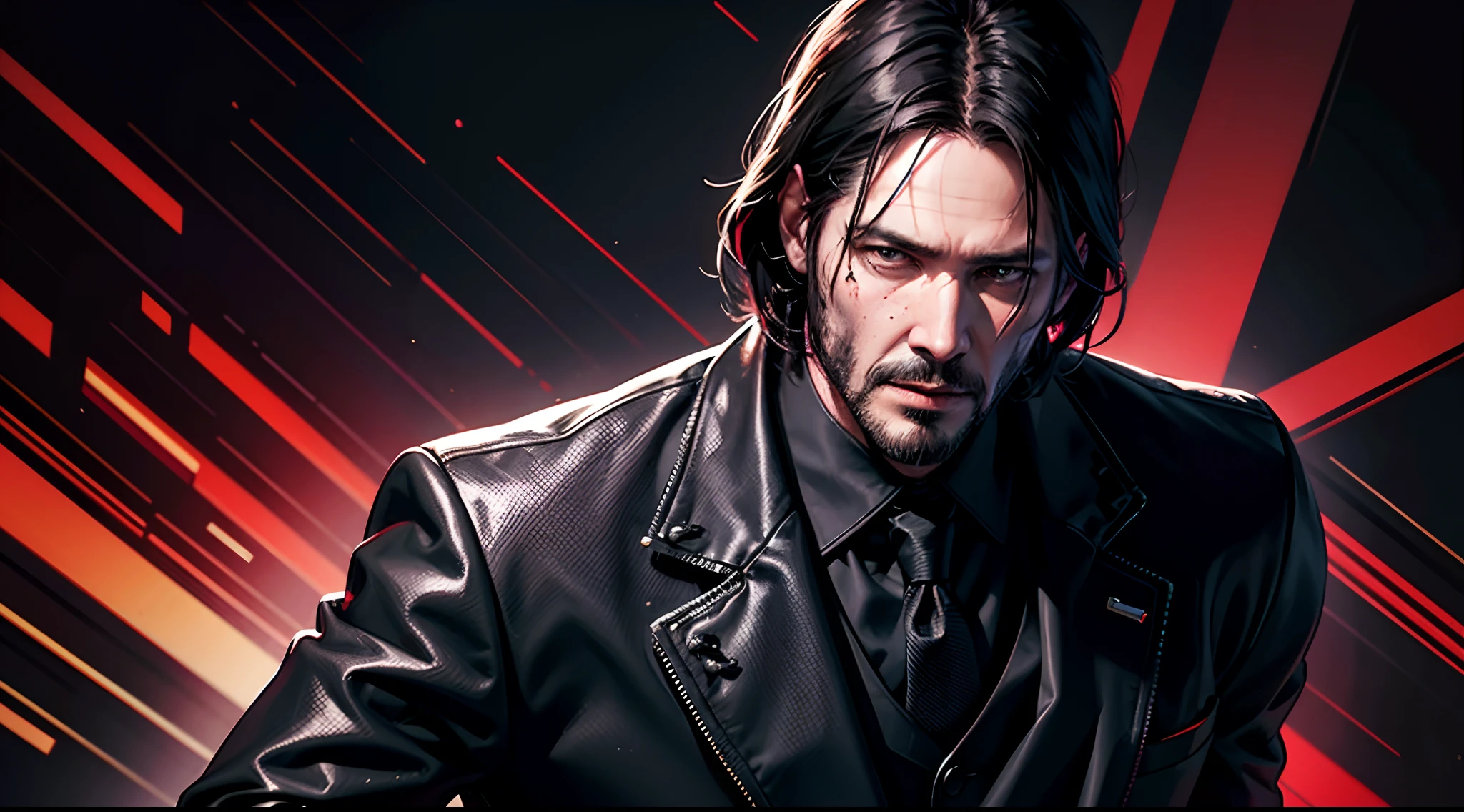 1 John Wick, Black Coat suit, badass, blood shattered background, dead men around him, killing, anger, looking at viewers in vengeance, style of raymond swanland, splash art, epic 8k, vengeance eyes, high quality, highly detailed, 8k