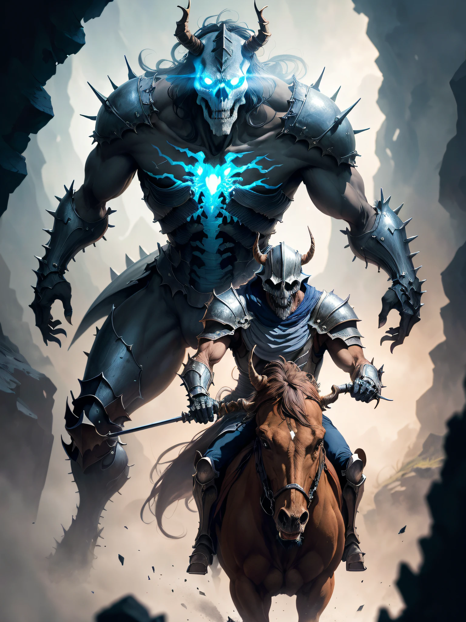 art style of Don Bluth, man, a single rider, riding through a ghostly valley, mist, fog, enemy rider, no face on rider, riding a skeleton horse, horse has glowing eyes, visible bones, translucent, wraith, ghoul, wearing horned spiky helmet, wearing armor, foreboding, intimidating, medieval, knight, royalty, enemy, boss, evil, masterpiece, concept art, anime, 2D, 3D, HD, 4K, painting, painterly, semi realistic, realistic, photo realistic, hyper detailed, portrait, full body image, dynamic pose, dynamic background,