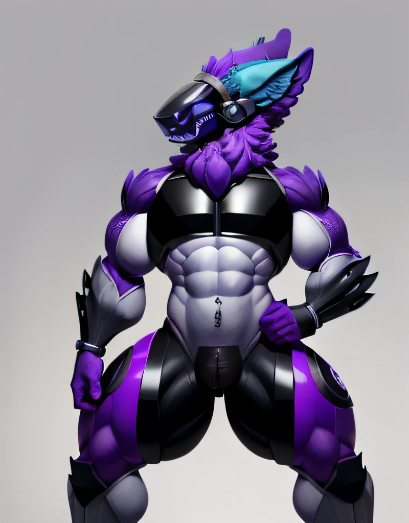 (highly detailed illustration:1.2), best quality, masterpiece, solo, natural lighting, ((protogen:1.1)), (protogen face:1.1), (protogen visor:1.2), large tail, torso, white eyes, glossy fur, glossy hair, (black fur), standing, NSFW, explicit content, (black body), silver metal, (purple armor:1.2), silver trim, purple frills, multi ear, four ears, anthropomorphic, legs spread open, ((defined muscles)), (((huge muscles:1.5))), buff, masculine, full body, abs, (very muscular:2.0), long legs, sensual, swollen genitals, ((covered in sweat:1.0)), purple arms, purple legs, purple tail