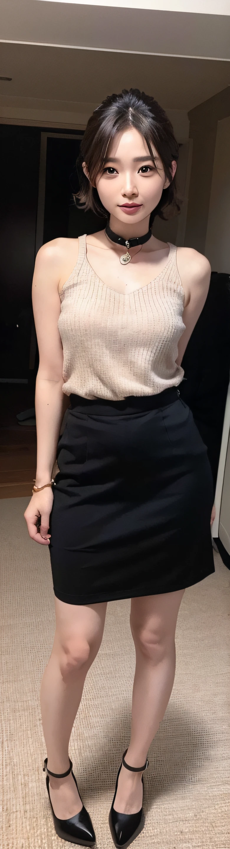 (((Simple thick dog collar))),((arms behind back)),((srestrained)),((Confined and standing in the basement)),((((full of shyness)))), ((of the highest quality, 8K, masutepiece: 1.3)), Beauty, Hidden Face, 1 girl, Beauty: 1.3, Slender Abs: 1.1, Business Suit, Office Lady, Grey Sleeveless Sweater, Cashmere Mini Skirt, high-heels, Random hairstyle, , Ultra-detailed face, very detailed lips, Detailed eyes, Double eyelids, (Full body), (The faces of the most beautiful Korean actresses,Very cute and beautiful Japan actress face,Realistic, Photorealistic: 1.37), (masutepiece, Best Quality: 1.2), (Ultra High Resolution: 1.2), (Raw photo: 1.2),(Ultra detailed CG unified 8k wallpaper: 1.2), (Beautiful skin: 1.2), (pale skin: 1.3), (hyper-sharp focus: 1.5), (Ultra Sharp Focus: 1.5), (Beautiful pretty face: 1.3),Shiny skin, Perfect female body,Exhibited,mannequin,long legged