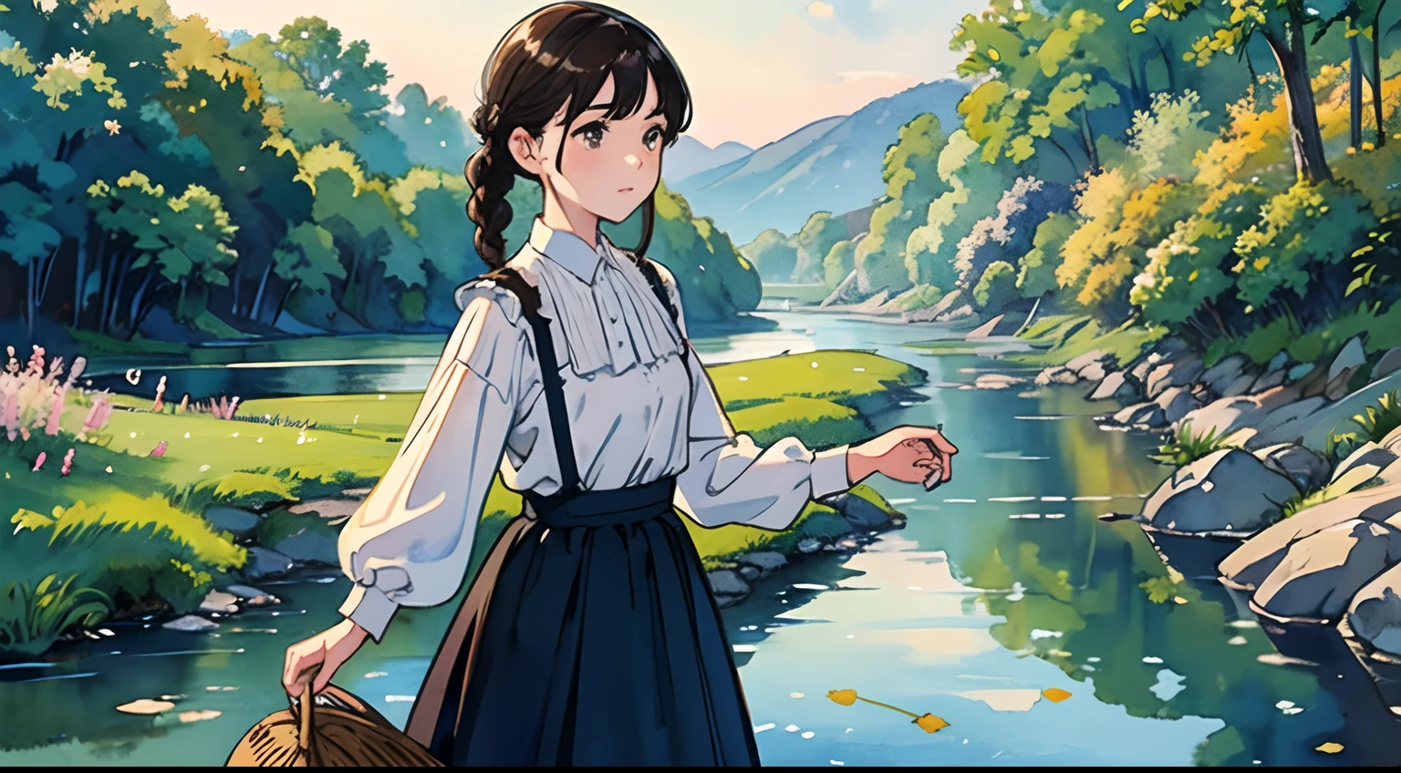 (Watercolor in Sargent style)、(top-quality、masterpiece)、Soft light、View of the Cotswolds,Old farmhouse、rivulets、flower bloom、One lady、dark brown hair、Braided hair、White blouse and long skirt、picnic、Preparing to return、On the banks of a small stream、Fireflies fly、evening、