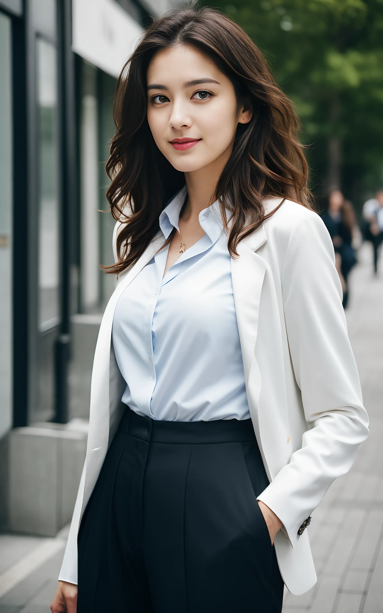 Beautiful brunette, Woman in white shirt and black pants standing on sidewalk, business clothes, Casual business clothes, Wear stylish outfits, Girl in a suit, Stylish casual attire, Office Clothes, business clothes, Modern fashion clothes, cropped shirt(With Jacket), Girl in suit, Wearing a business suit, Wearing a business suit, Wear casual business dress,, Very detailed, 21years old, Innocent face, Natural wavy hair, Blue eyes, High resolution, masutepiece, Best Quality, Intricate details, Highly detailed, Sharp Focus, Detailed skin, Realistic skin texture, Texture, Detailed eyes, Professional, 4K, Charming smile, shot in Canon, 85 mm, Shallow depth of field, Kodak Vision Color, Perfect Fit Body, Extremely detailed, a picture_\(Ultras\), Photorealistic, Realistic, Post-processing, Maximum Detail, Roughness, Real life, A hyper-realistic, Photorealism, Photography, 8K UHD, Photography