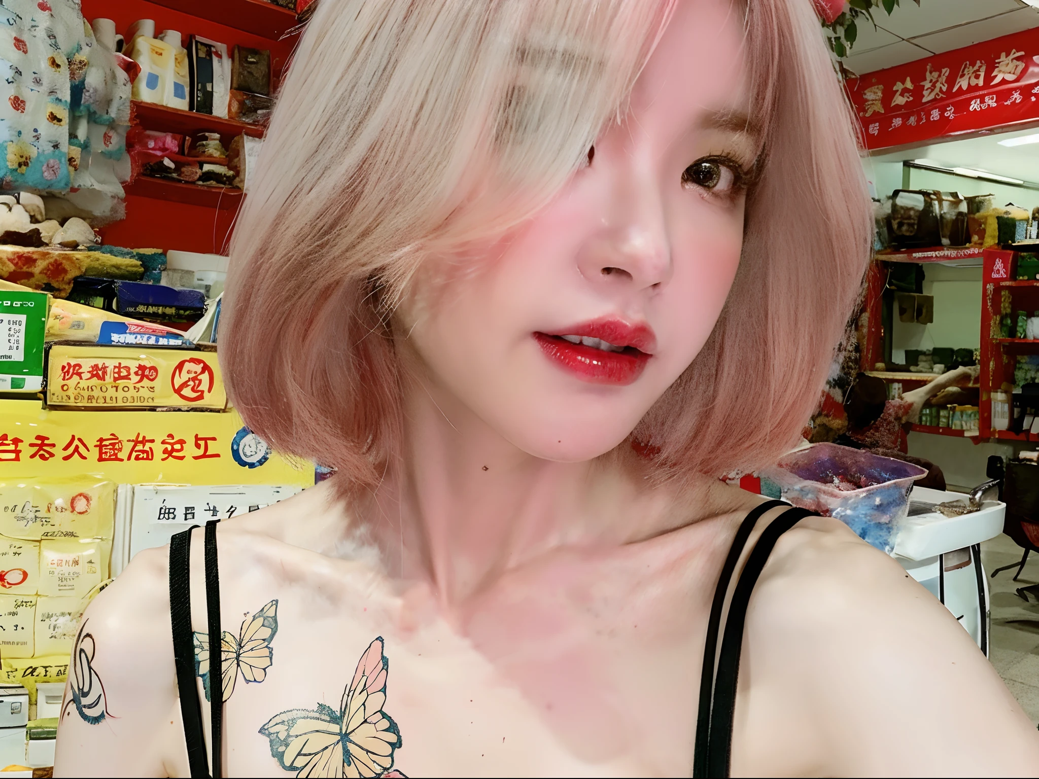 Allard woman with tattoo on her chest in the store, of taiwanese girl with tattoos, with pink hair, cute girl with short pink hair, with short hair, pink short hair, Short pink hair, 2 , 2 9 years old old, xintong cia beautiful!, Pink hair, Girl with short white hair