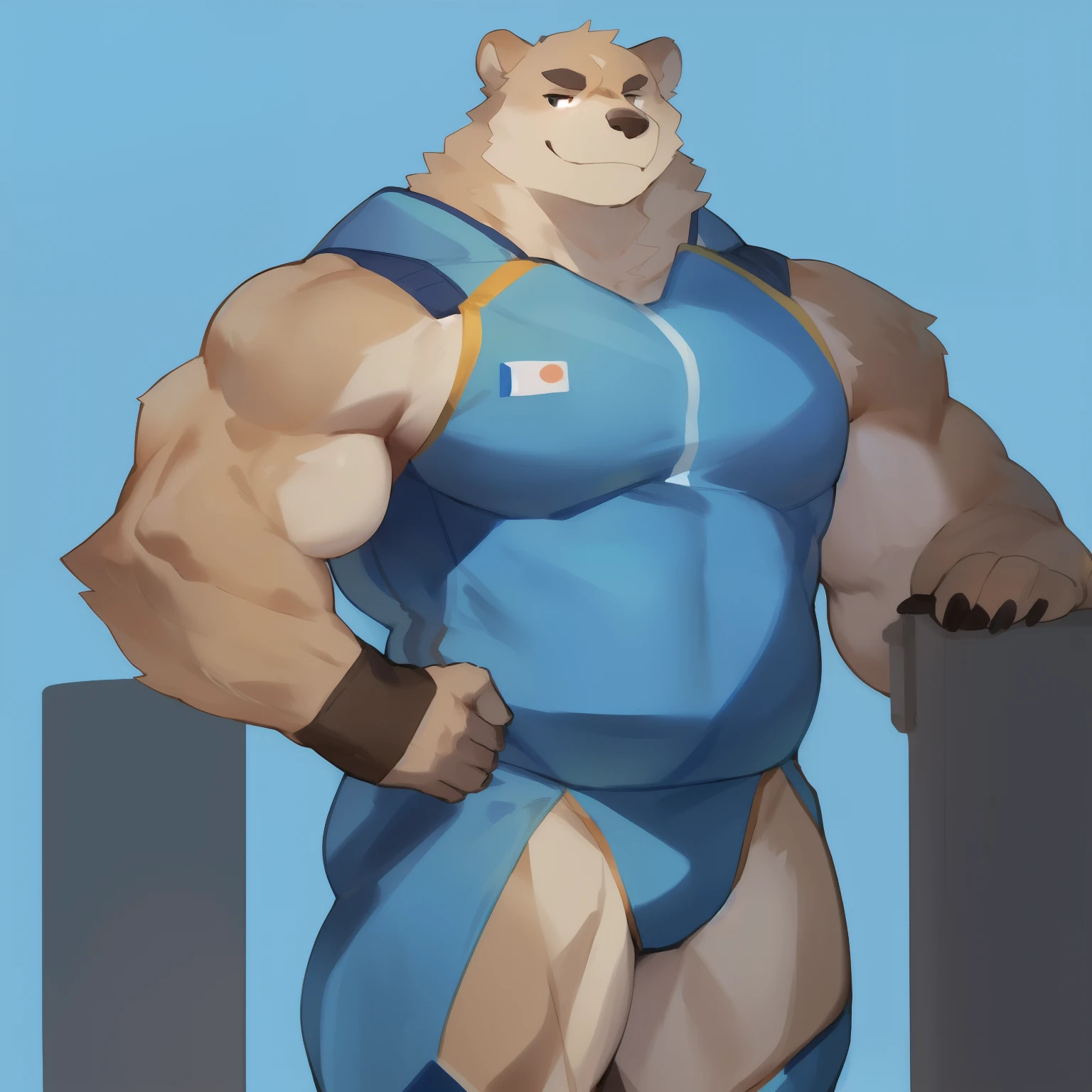 Solo, Male, grizzly bear, tan fur, standing, alleys, (((Muscular, Tall, buff, Strong, Powerful, Biceps))), Slightly chubby, by Bebebebebe, Smirking, Blue military spacesuit