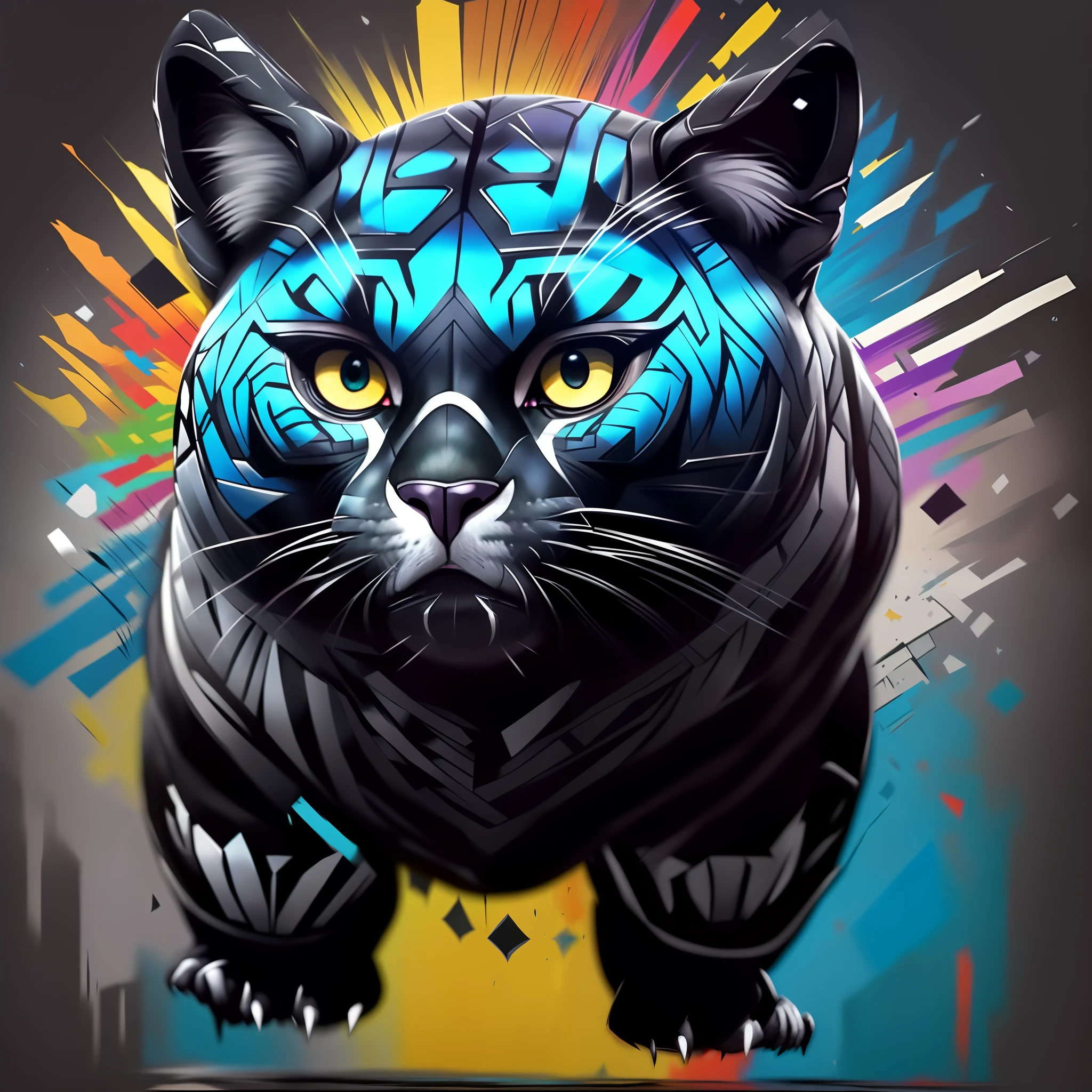 ( BLACK PANTHER ANIMAL IN ATTACK POSITION ),(melhor pose),(best angle), (better expression), Eduardo Kobra acolchoamento ,multidimensional geometric wall PORTRAIT, arte, Chibi,Yang08k, lindo, Colouring,