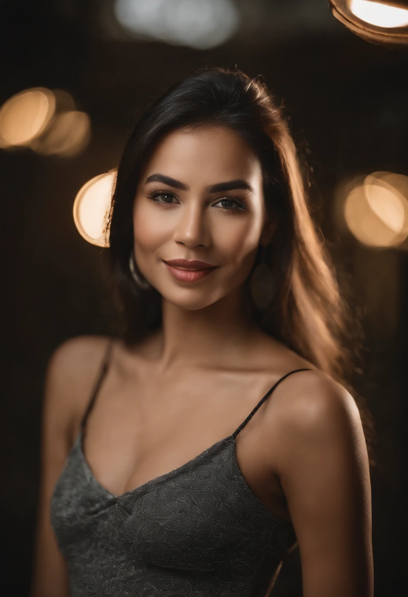 In a sleek, minimalist studio setting, capture the essence of allure and confidence with a professional and marketing photoshoot. The focus is on a sexy girl wearing a fitted black tank top, accentuating her curves. With expert lighting and ultra sharp focus, highlight the subtle texture of the fabric against her smooth skin. Play with reflections to add depth and sophistication to the shot. Emphasize her captivating gaze and radiant smile, evoking a sense of empowerment and magnetic charm. The composition should convey a sense of contemporary elegance, ideal for commercial campaigns and fashion editorials.