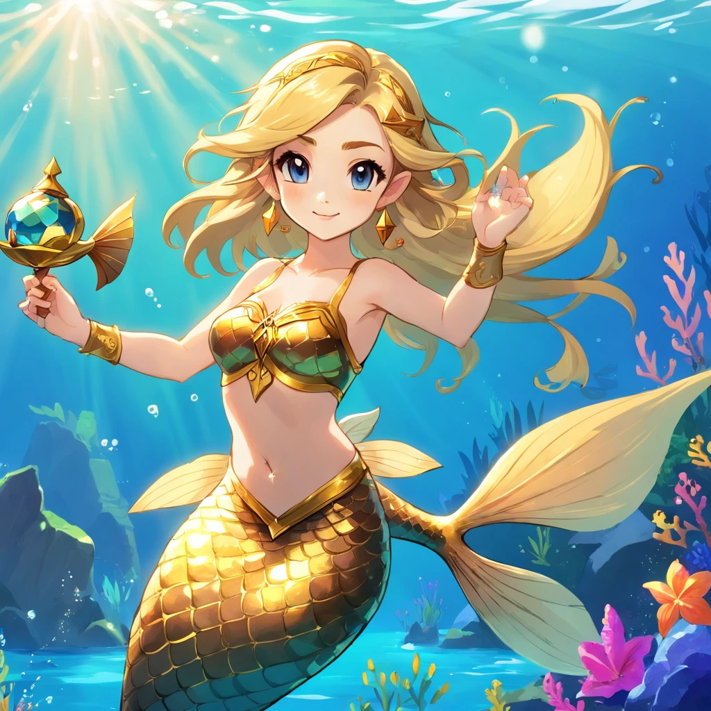 Mermaid, gold mertail, short blond hair, brown top, Access Pass, masterpiece, best quality