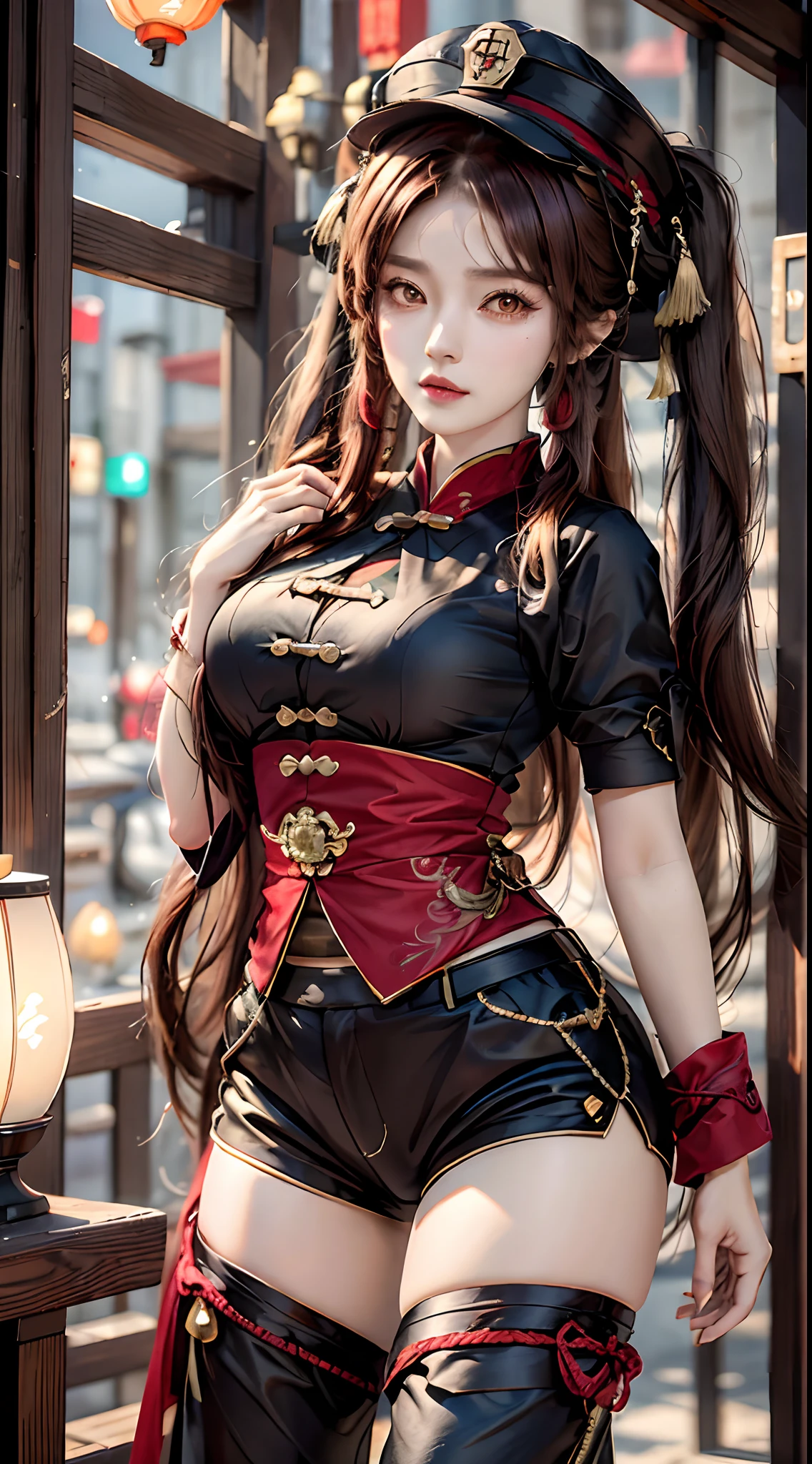 photorealistic, high resolution, 1women, mature female, solo, hips up, hu tao(genshin impact), hat, red eyes, twintails, brown hair, solo, long hair,bangs, black shorts , chinese clothes