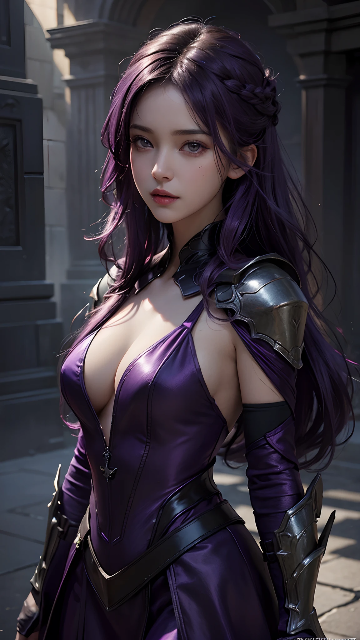 4k, fantasy art, photo realistic, dynamic lighting, artstation, poster, volumetric lighting, very detailed faces, award winning, 1girl, deep shadow, beautiful shot, purple dress, long hair ,purple hair, beautiful background, whole body capture,