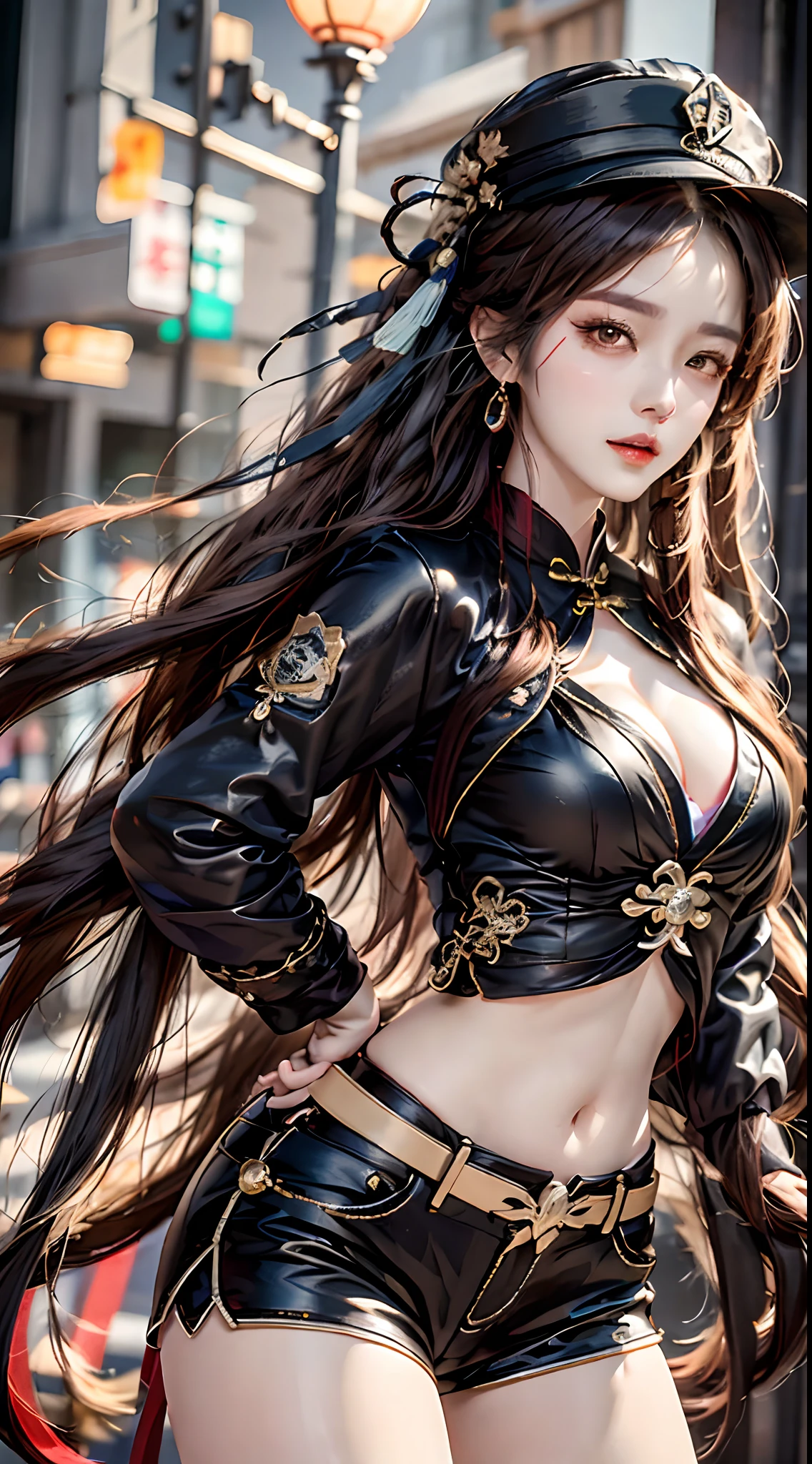 photorealistic, high resolution, 1women, mature female, solo, hips up, hu tao(genshin impact), hat, red eyes, twintails, brown hair, solo, long hair,bangs, black shorts , chinese clothes