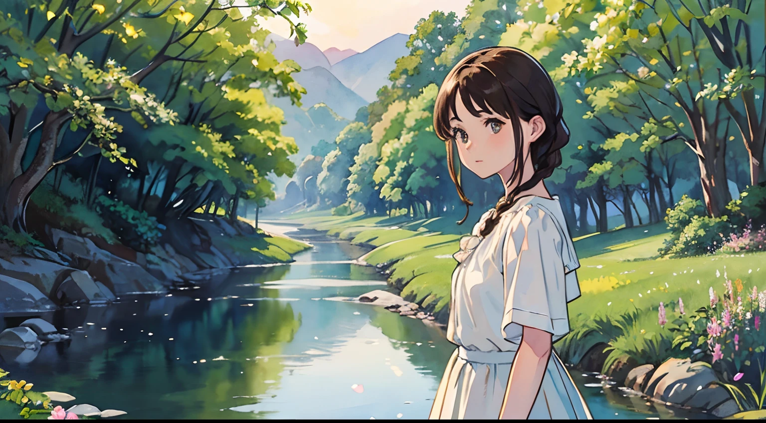 (Watercolor in Sargent style)、(top-quality、masterpiece)、Soft light、View of the Cotswolds,Old farmhouse、rivulets、flower bloom、One lady、dark brown hair、Braided hair、White blouse and long skirt、picnic、Preparing to return home、On the banks of a small stream、Fireflies fly、evening、Twilight、