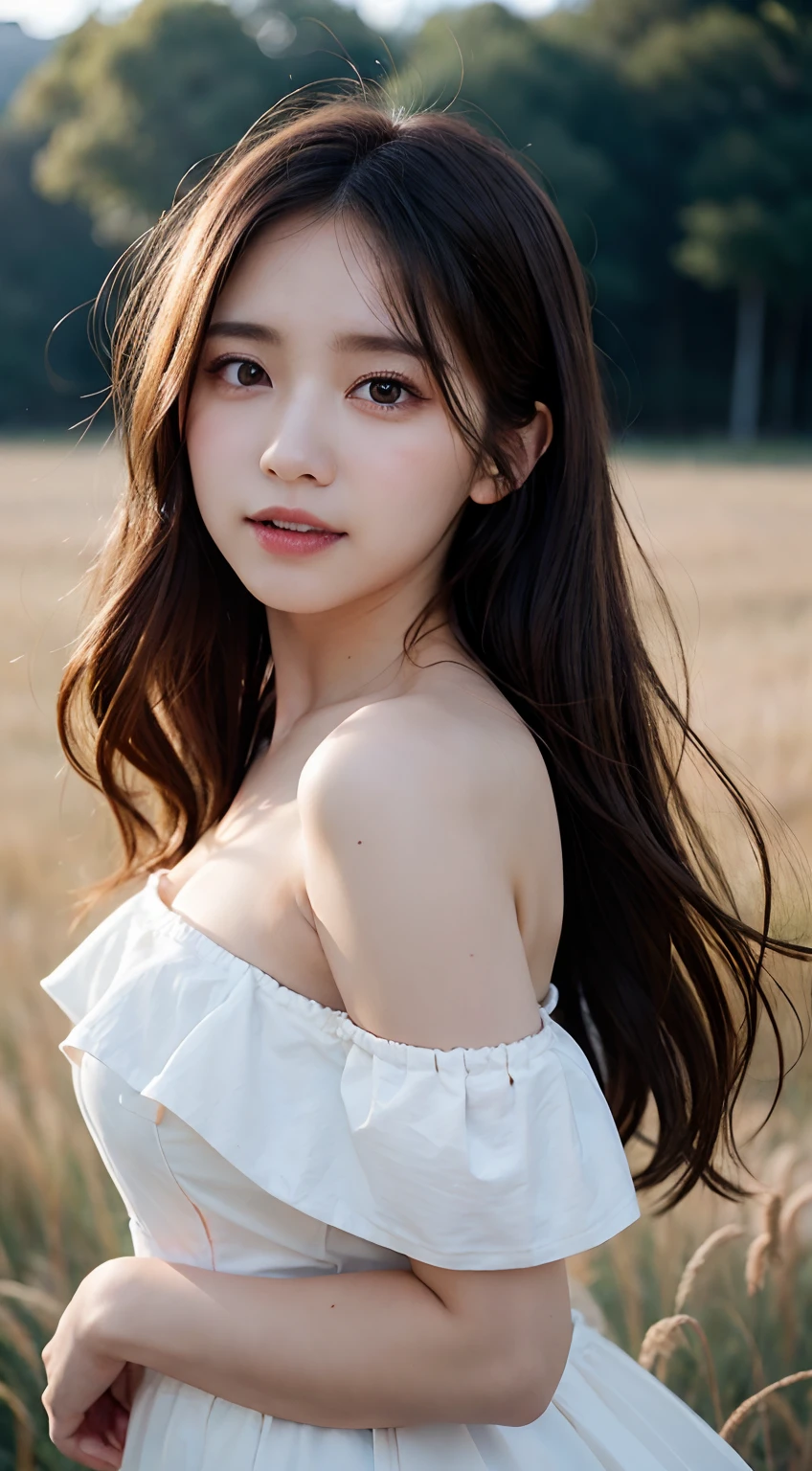 a closeup, masterpiece, top-quality, Raw foto, Photorealsitic、unbelievable Ridiculous, beautiful a girl, off shoulder one piece dress、Long hair、large brests、The look of joy when reunited with a lover、Hair fluttering in the wind、grass field、depth of fields, hight resolution, ultra-detailliert, finely detail, ighly detailed, extremely detailed eye and face, Sharp pupils, foco nítido, Cinematic lighting