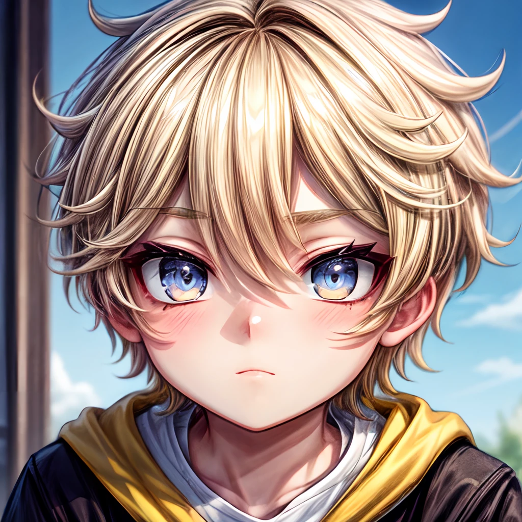 1 boy,more details in eyes,cute,looking at viewer, adorabel boy,cute face,details sky,handsome,young,juvenile,((masterpiece:1.4,best quality)),multiple details,colorful hair,eyeshadow,, sfw, blonde hair